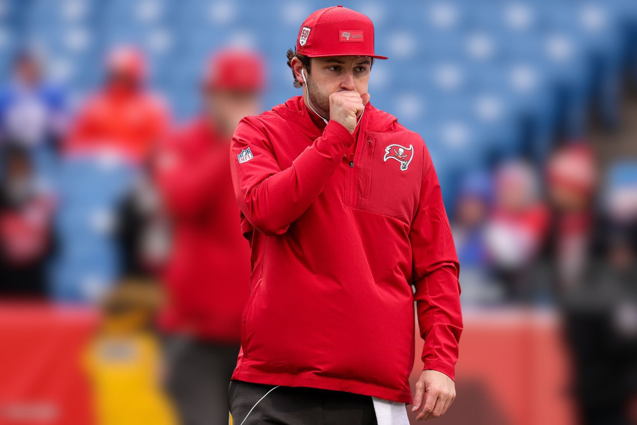 Baker Mayfield Shows Sharp Sideline Style in Buccaneers Red Training Anorak Hoodie