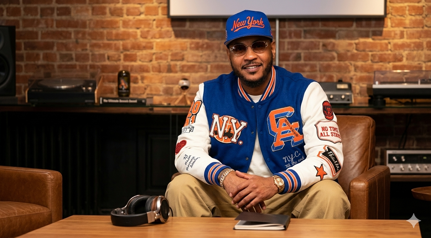 Carmelo x NYC Varsity Navy Blue Jacket with cream leather sleeves and bold patches