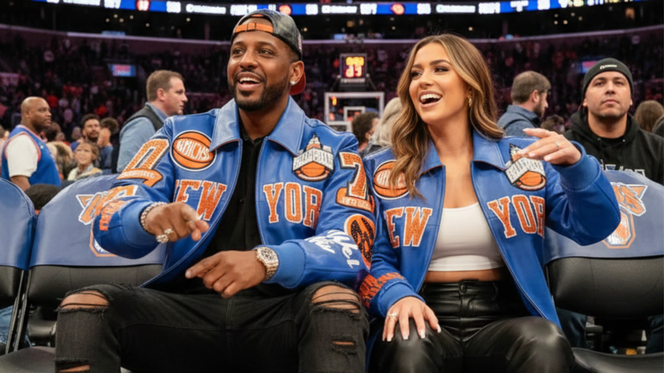 Fabolous x New York Knicks Pelle Pelle jacket in royal blue with orange and rhinestone details