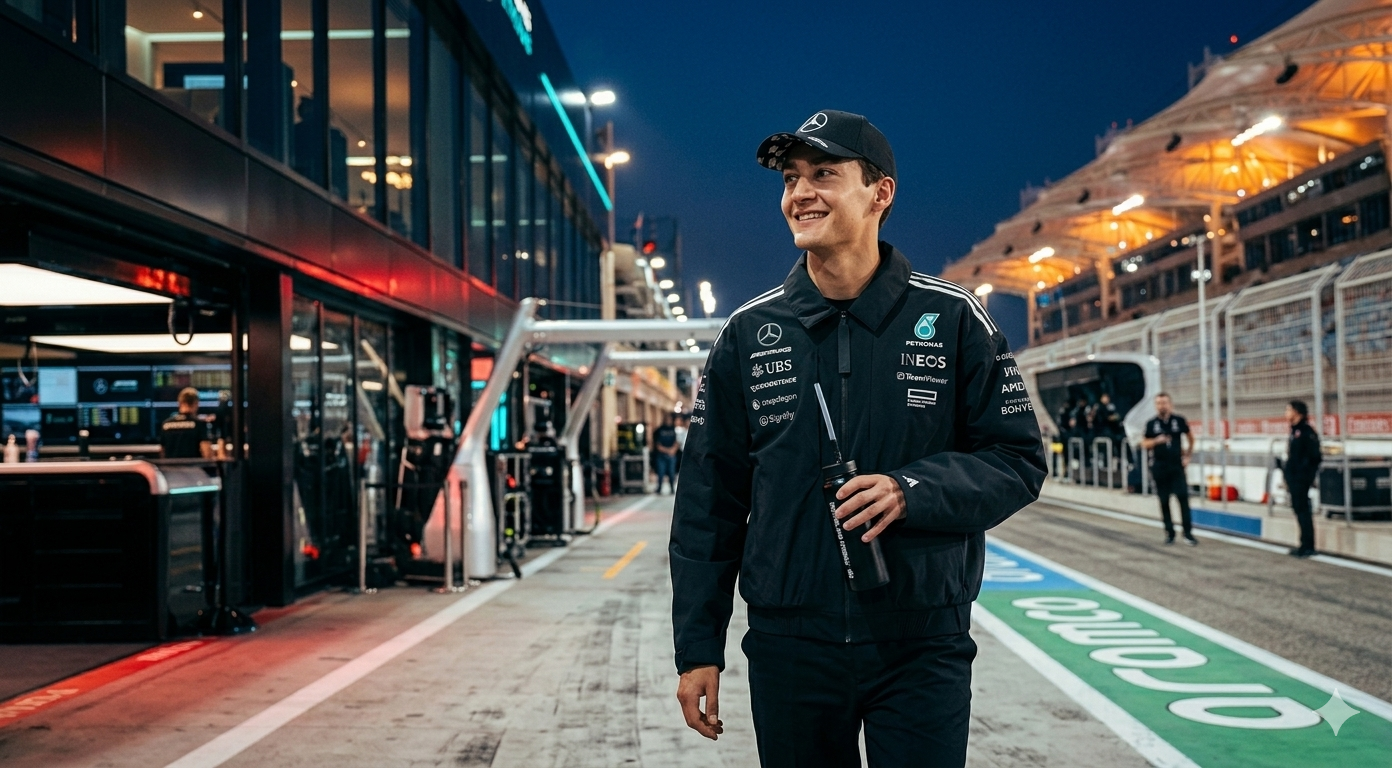 George Russell F1 Las Vegas Grand Prix black Mercedes Petronas team jacket with Adidas stripes and sponsor logos