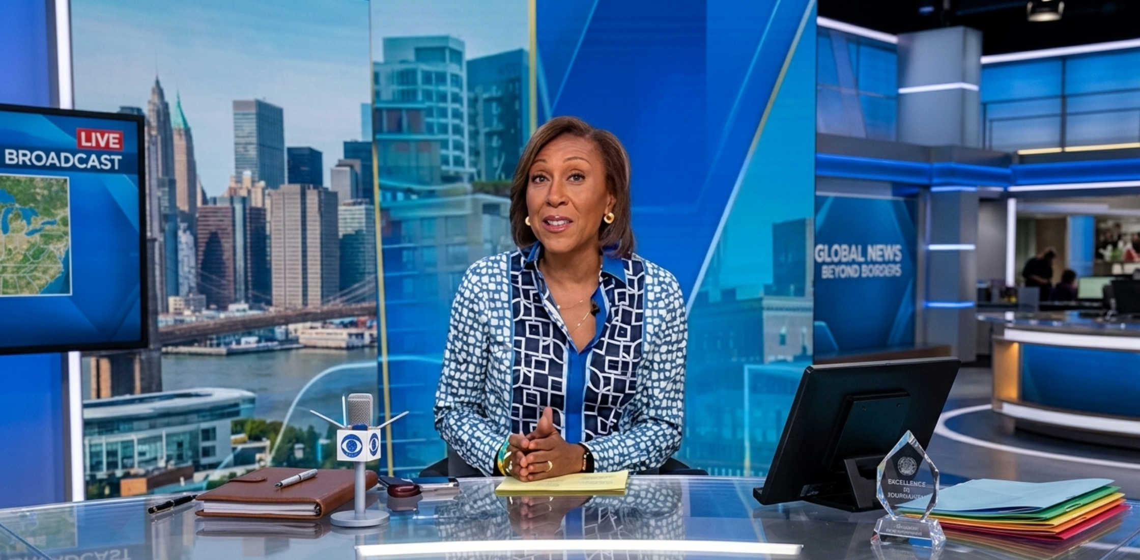 Robin Roberts Good Morning America geometric print blouse in blue, navy, and turquoise with structured collar and tailored fit