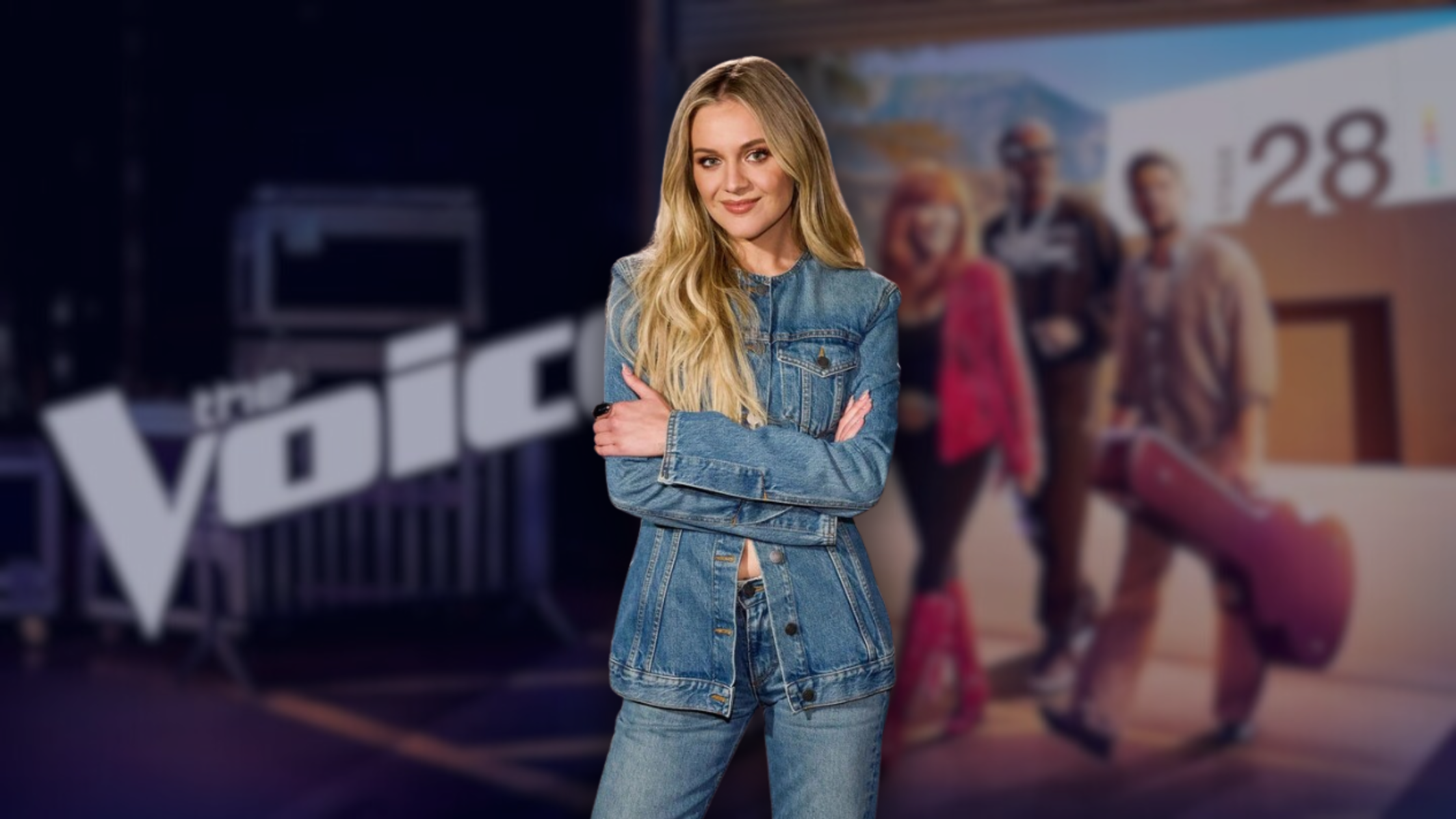 The Voice S28 Kelsea Ballerini Denim Jacket — medium blue fitted denim jacket with mandarin collar, button-up front, and matching jeans, worn by Kelsea Ballerini on NBC’s The Voice Season 28.