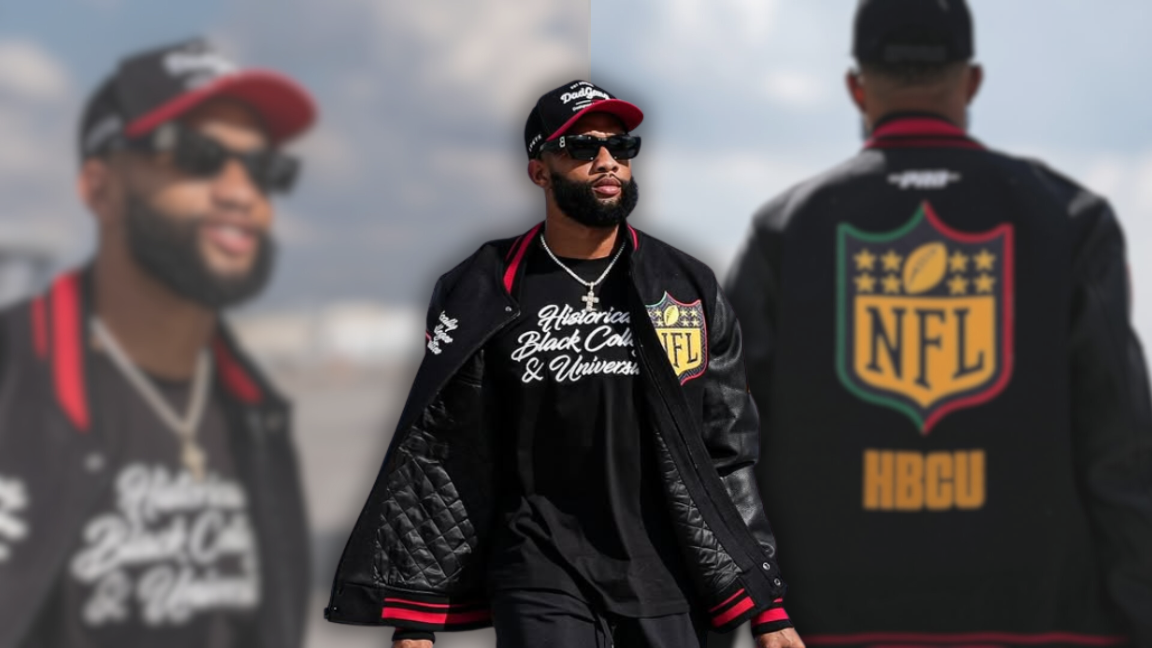 KhaDarel Hodge wearing a black HBCU varsity jacket with leather sleeves, Pan-African NFL shield, and gold HBCU embroidery, celebrating Historically Black Colleges and Universities.