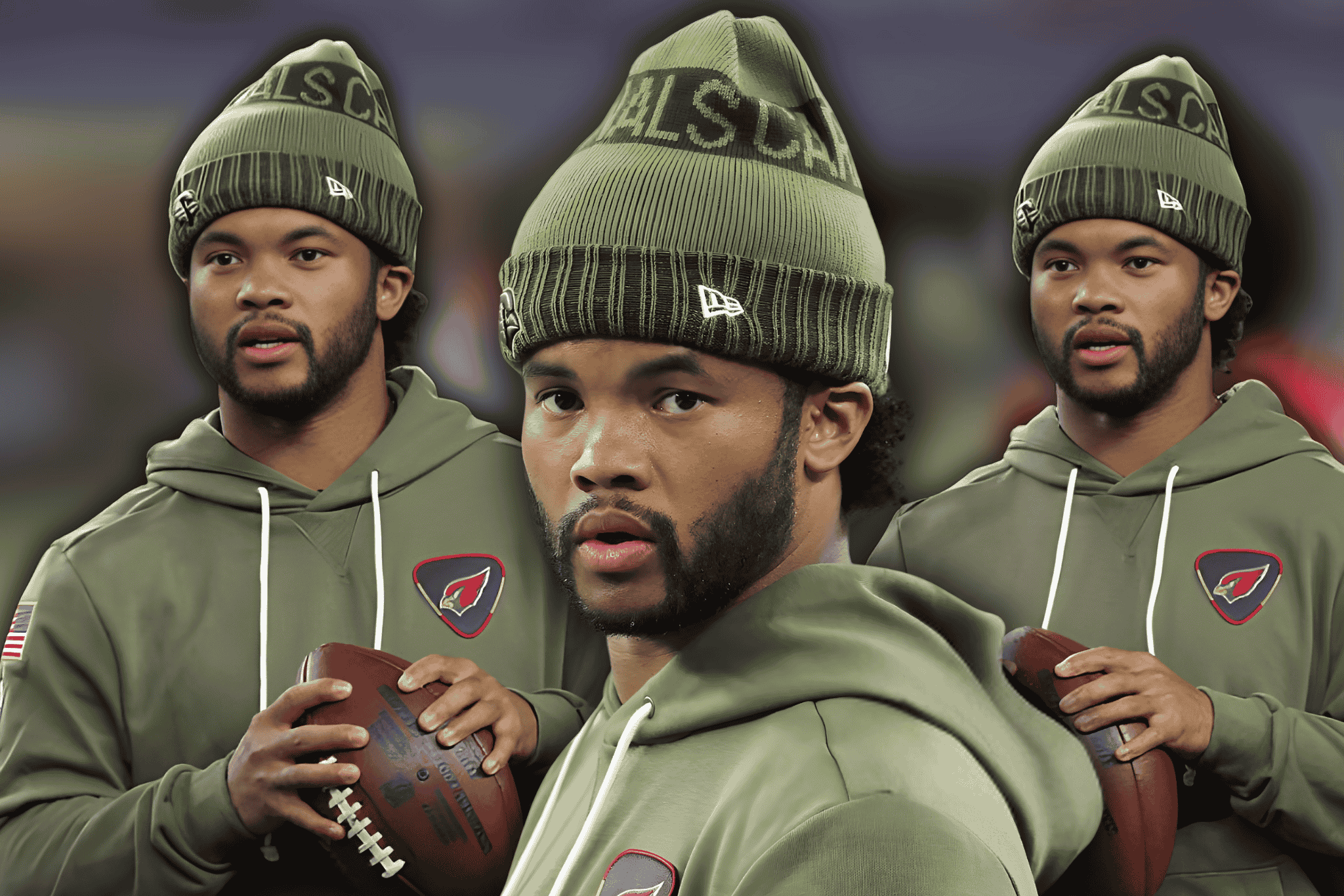 Kyler Murray in an Olive Green Salute to Service Hoodie Arizona Cardinals 2025 Sideline Look