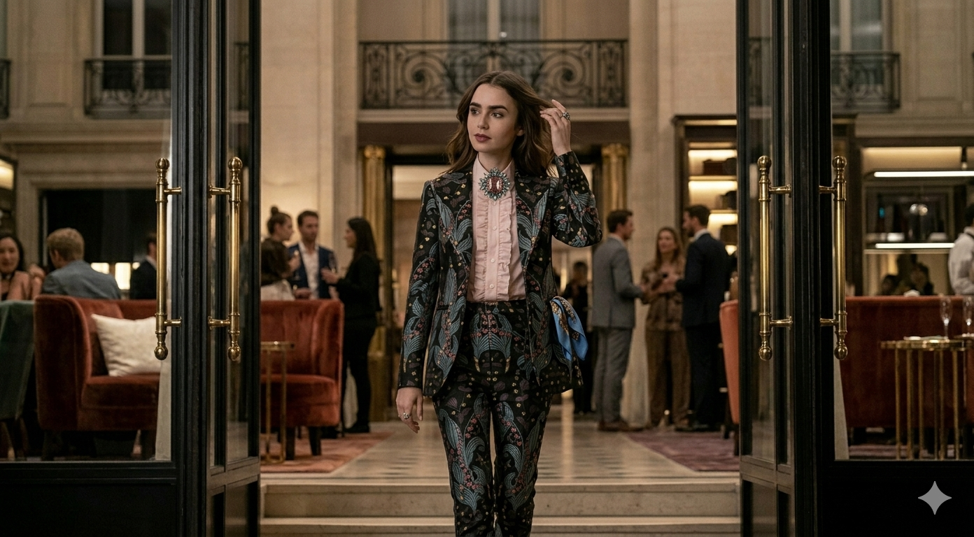 Lily Collins Emily In Paris Season 4 dark floral blazer with gold sequin embroidery and Art Nouveau botanical print