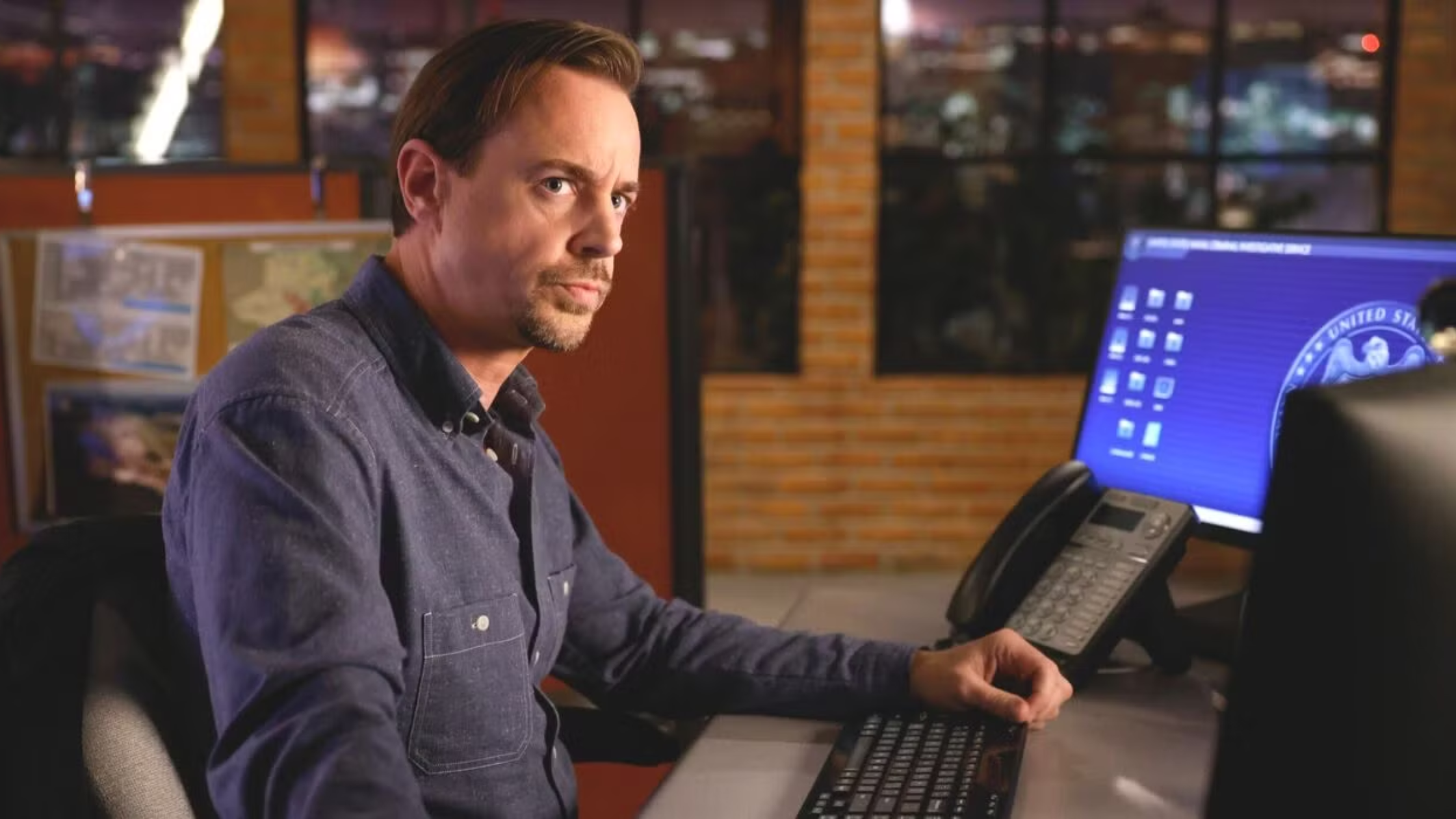 NCIS S22 Timothy McGee Dark Blue Stretch Twill Shirt with Chest Pockets