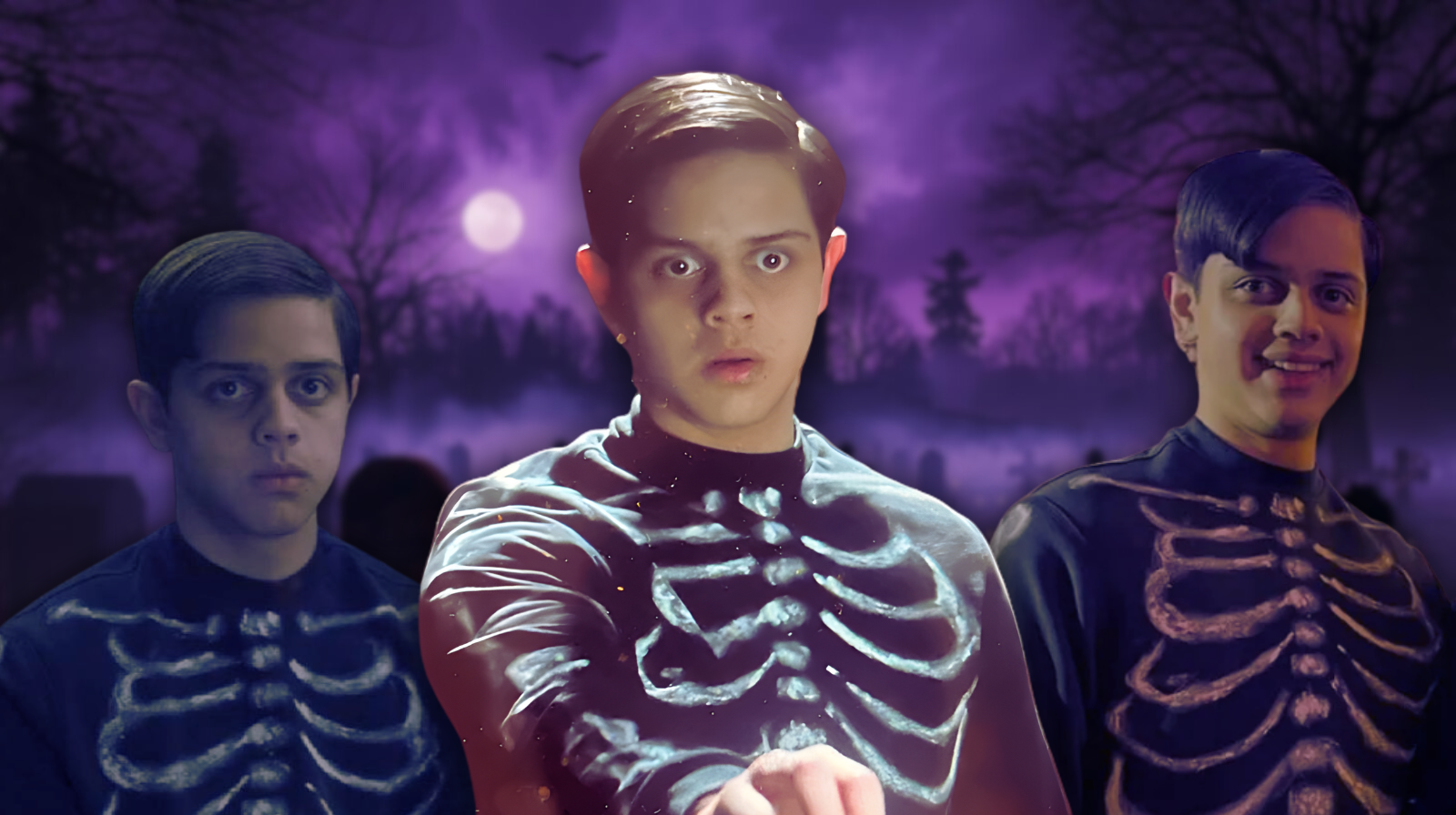Pugsley Addams Skeleton Suit in Wednesday Season 2 — black fleece outfit with white bone print for a spooky Halloween look