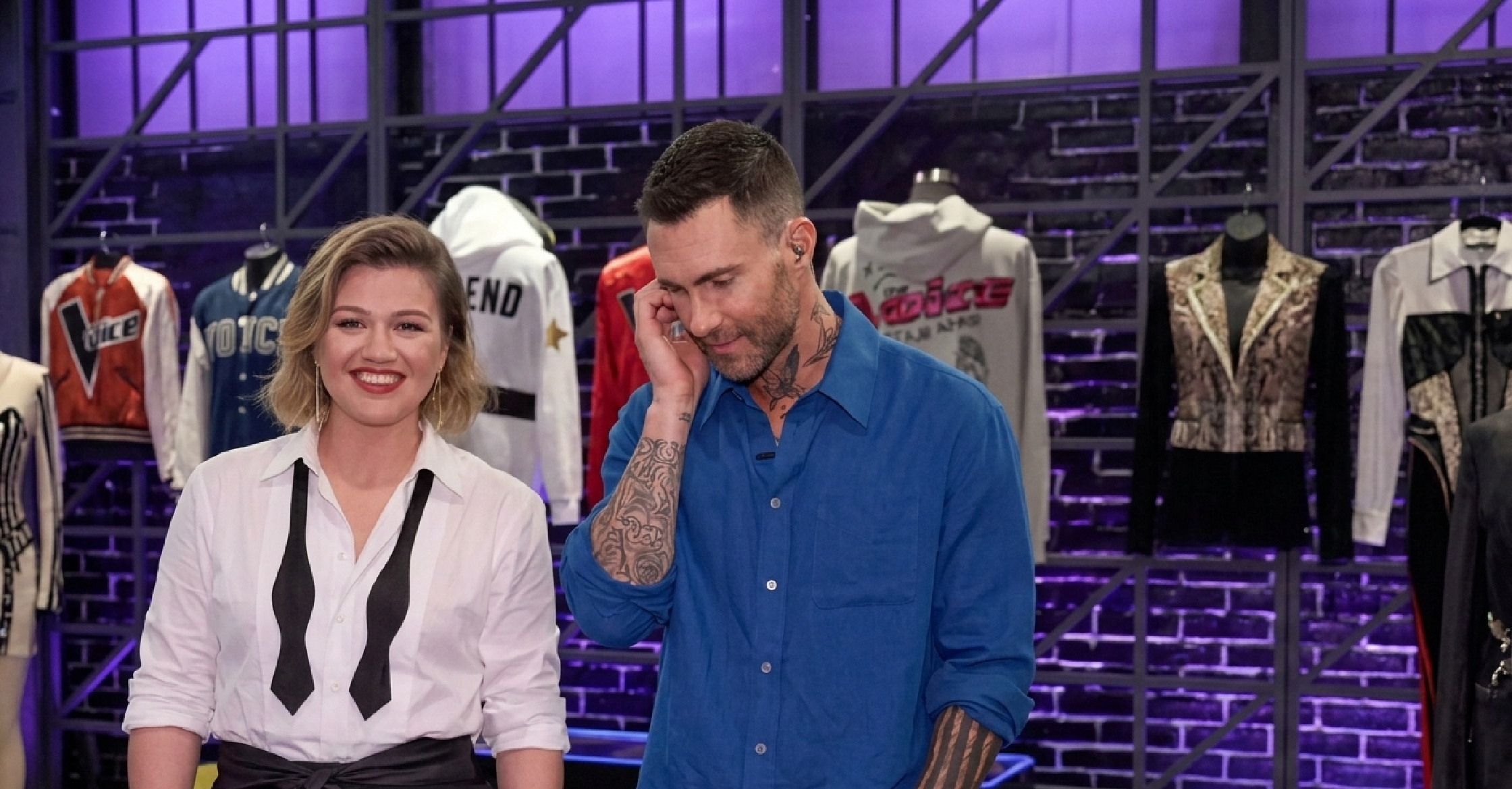 Royal blue casual button-down shirt with white contrast buttons and left chest pocket, worn by Adam Levine on The Voice Season 29, featuring a relaxed slim-straight fit, spread collar, and rolled cuffs