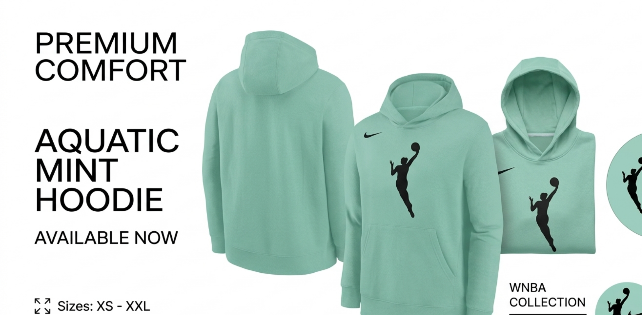 WNBA Mint Green Pullover Hoodie with Black Nike Swoosh and Center Silhouette Logo, Relaxed Fit Sportswear Hoodie