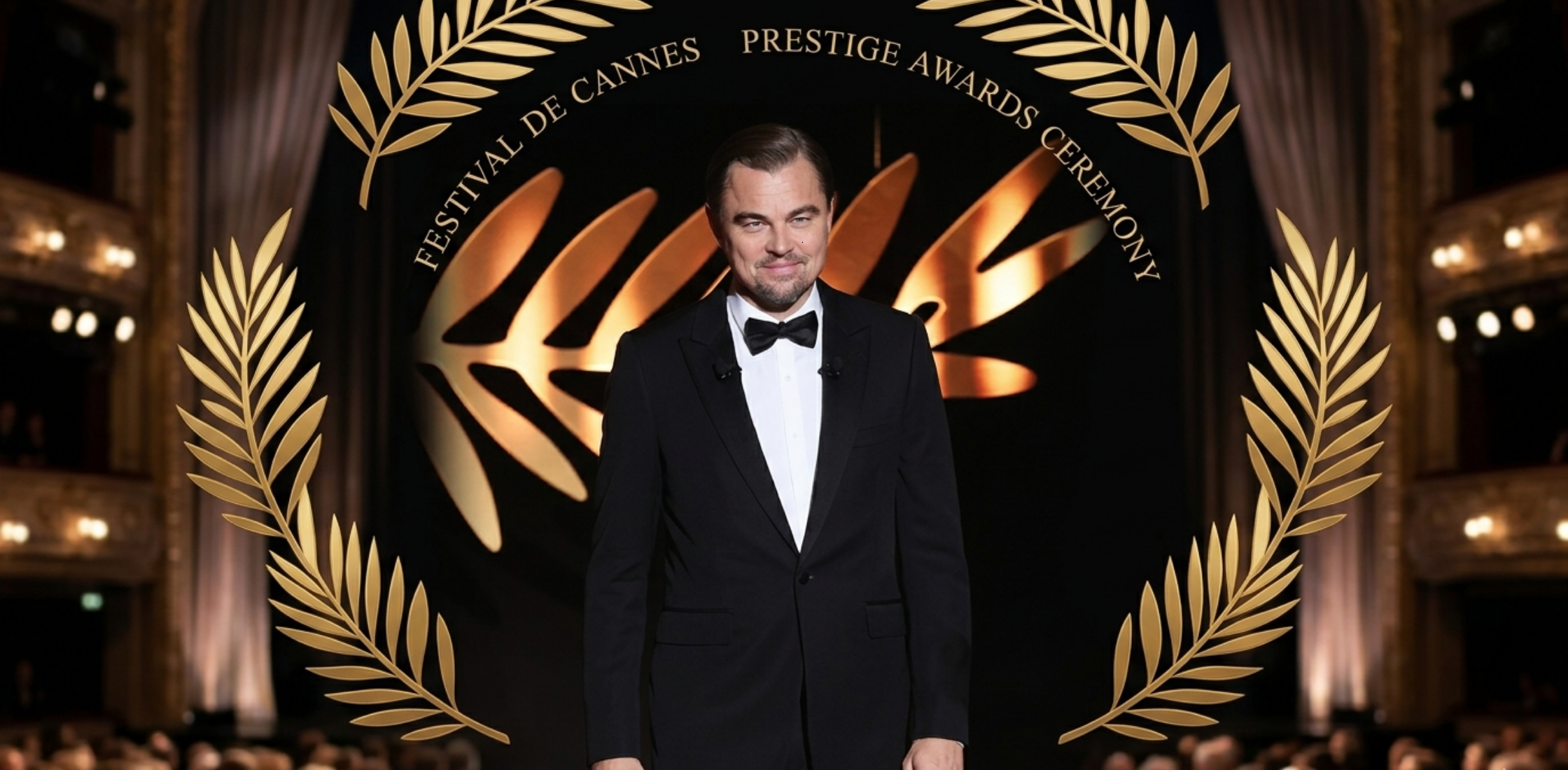 Leonardo DiCaprio wearing a 78th Annual Cannes Film Festival black suit on the red carpet, showcasing timeless Hollywood elegance and tailored sophistication.