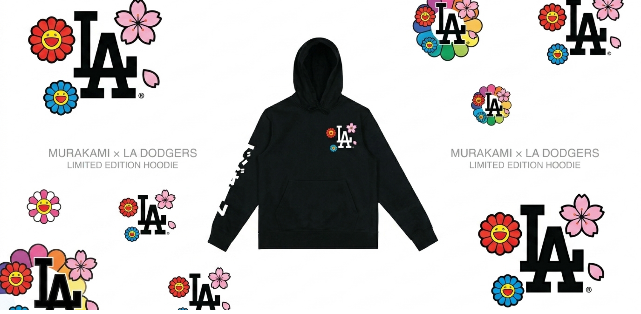 LA Dodgers Floral Black Hoodie featuring Takashi Murakami pop-art floral design with black streetwear base and Dodgers branding