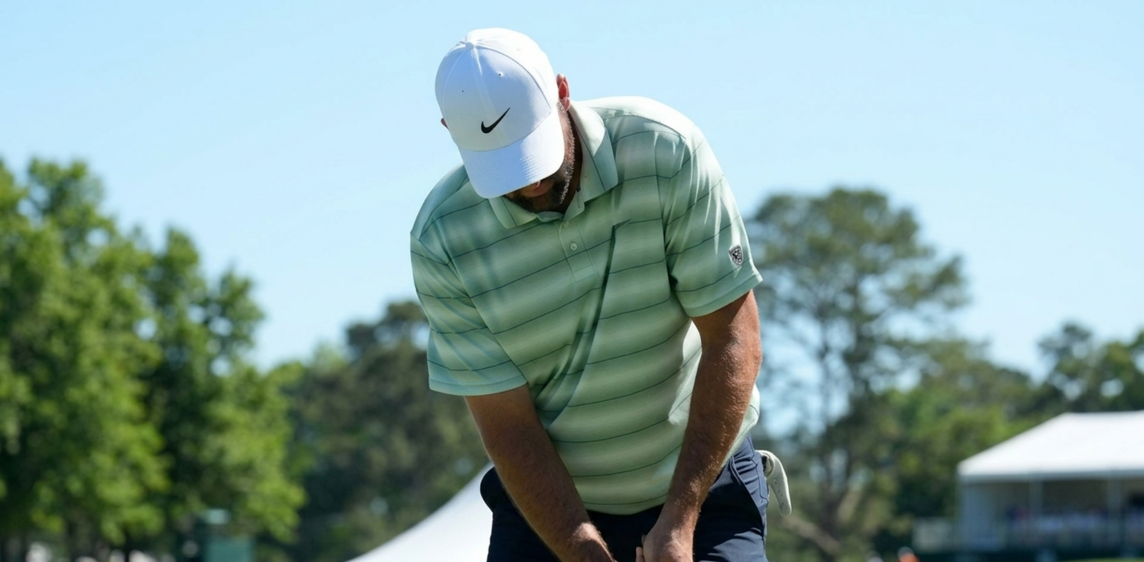 Scottie Scheffler RBC Heritage 2026 light green Nike Dri-FIT golf polo shirt with gradient stripes and athletic fit