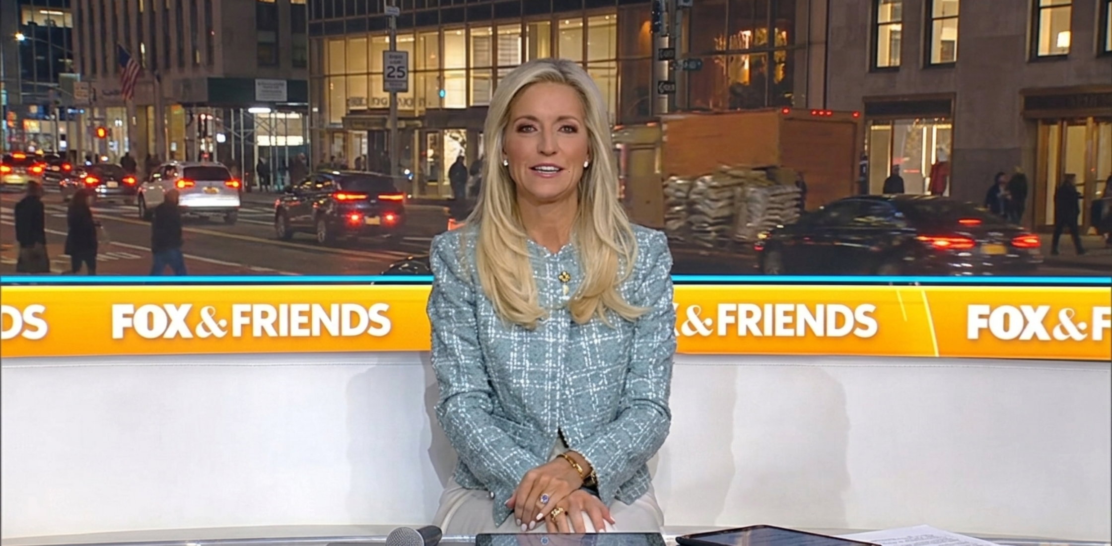 Fox And Friends 2025 Ainsley Earhardt seafoam green tweed cropped jacket with asymmetric gold-button closure
