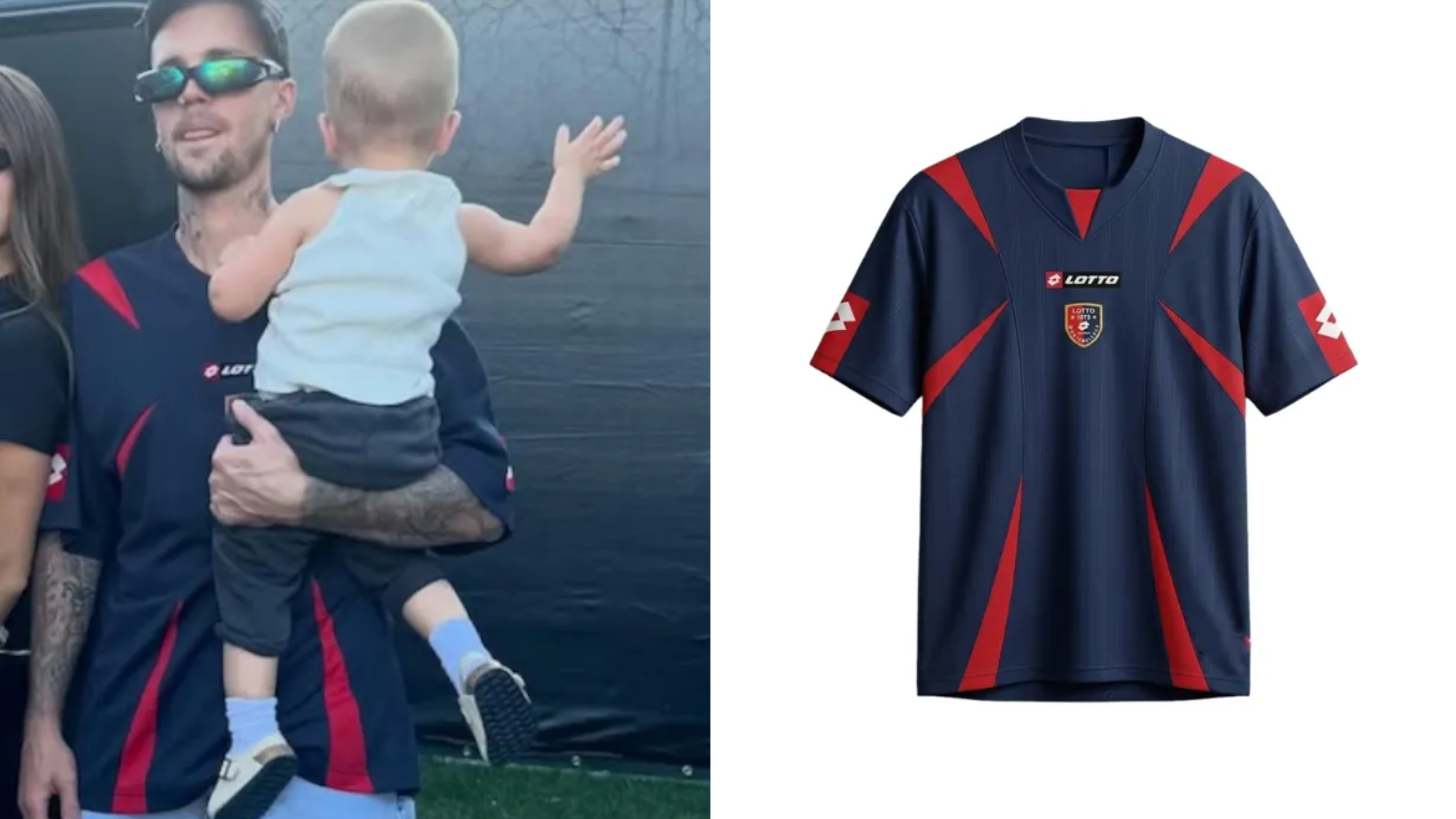 Justin Bieber 2026 Coachella navy jersey with crimson geometric accents and Lotto logo detailing