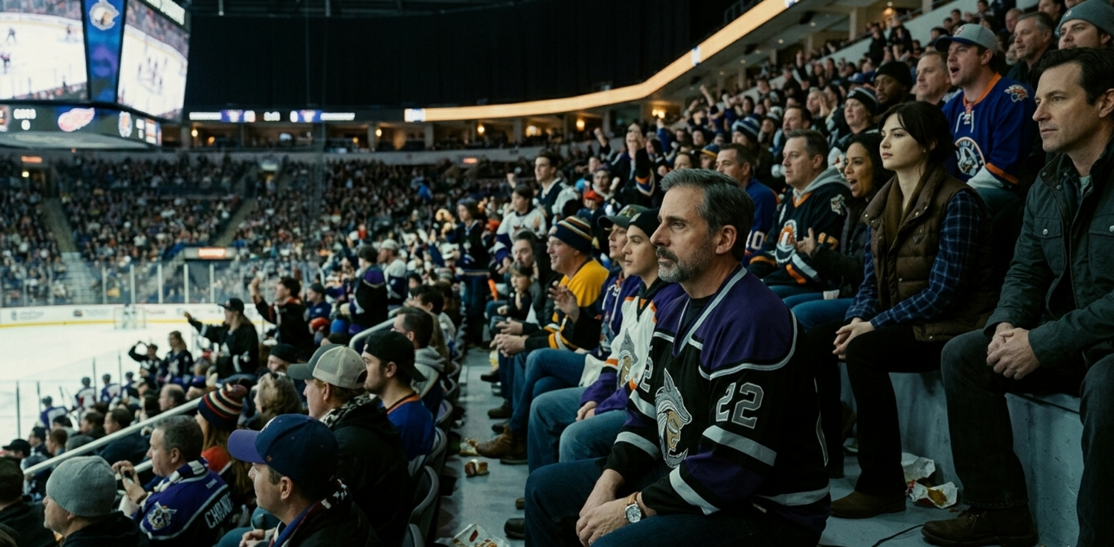Rooster Greg Russo black and purple hockey jersey with snarling warrior crest and number 22 sleeve graphics