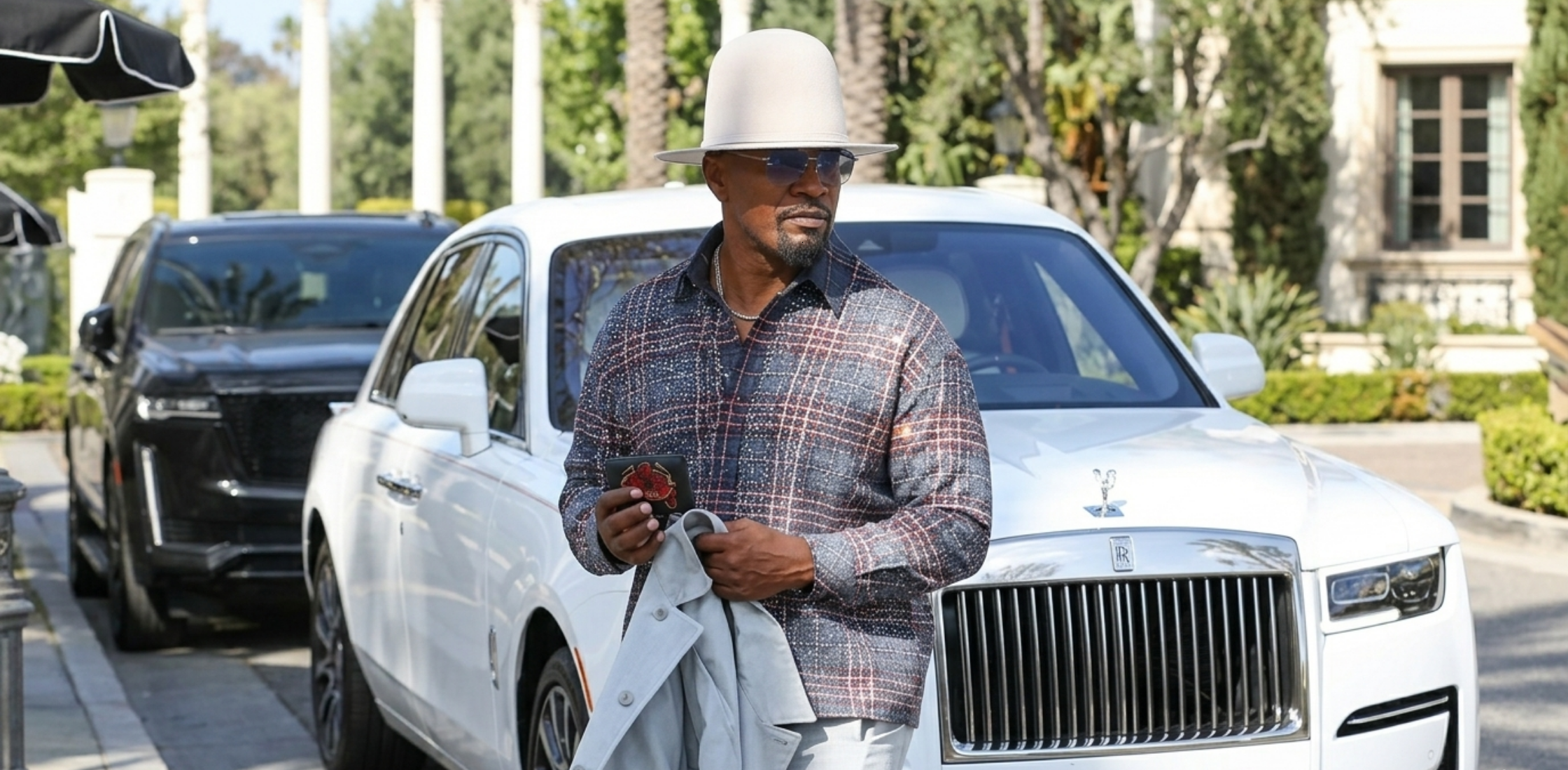 Jamie Foxx SNL plaid shirt in charcoal gray, slate blue, crimson red and white check pattern