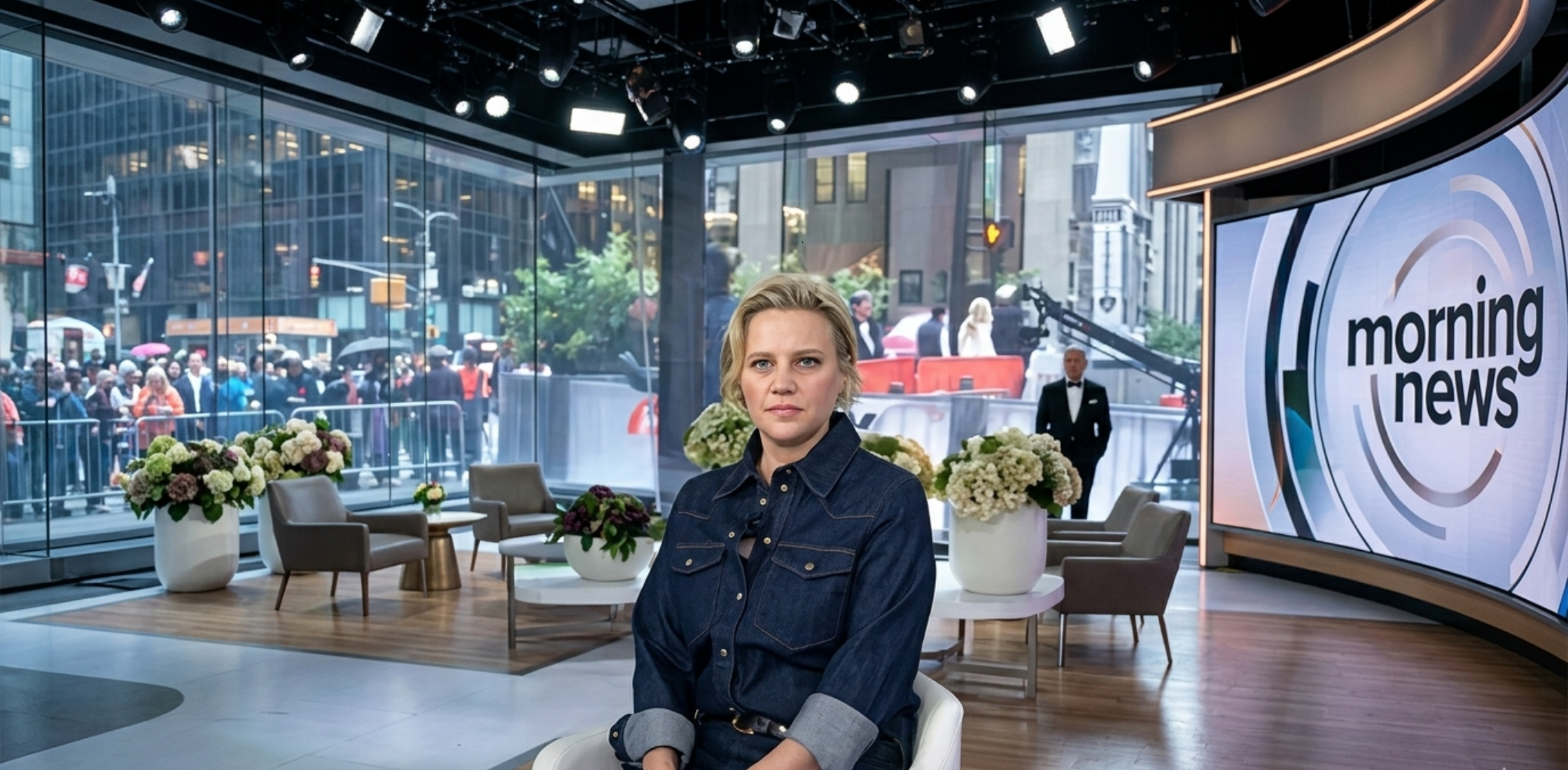 Kate McKinnon dark indigo western denim shirt with gold snap buttons, worn on The Today Show, featuring contrast stitching and dual chest pockets