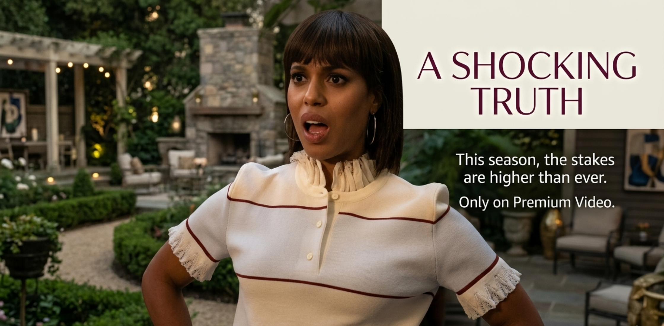 Kerry Washington wearing Imperfect Women 2026 lace ruffle stripe polo shirt with vintage-inspired stripes and Victorian ruffle collar detailing