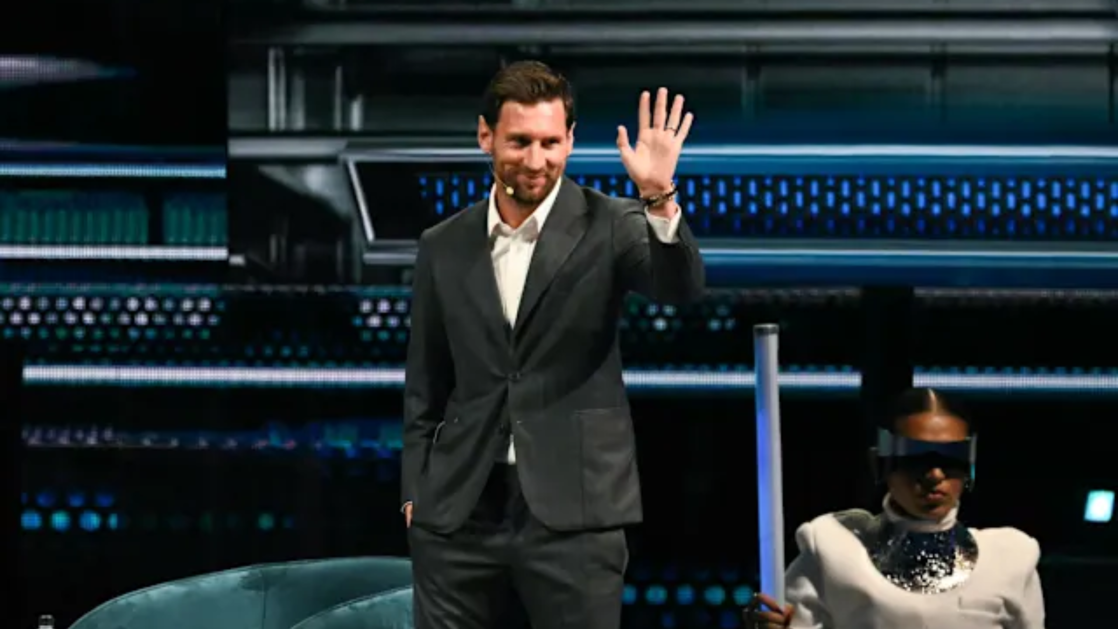 Lionel Messi America Business Forum charcoal grey slim-fit blazer with subtle pinstripe and notched lapels