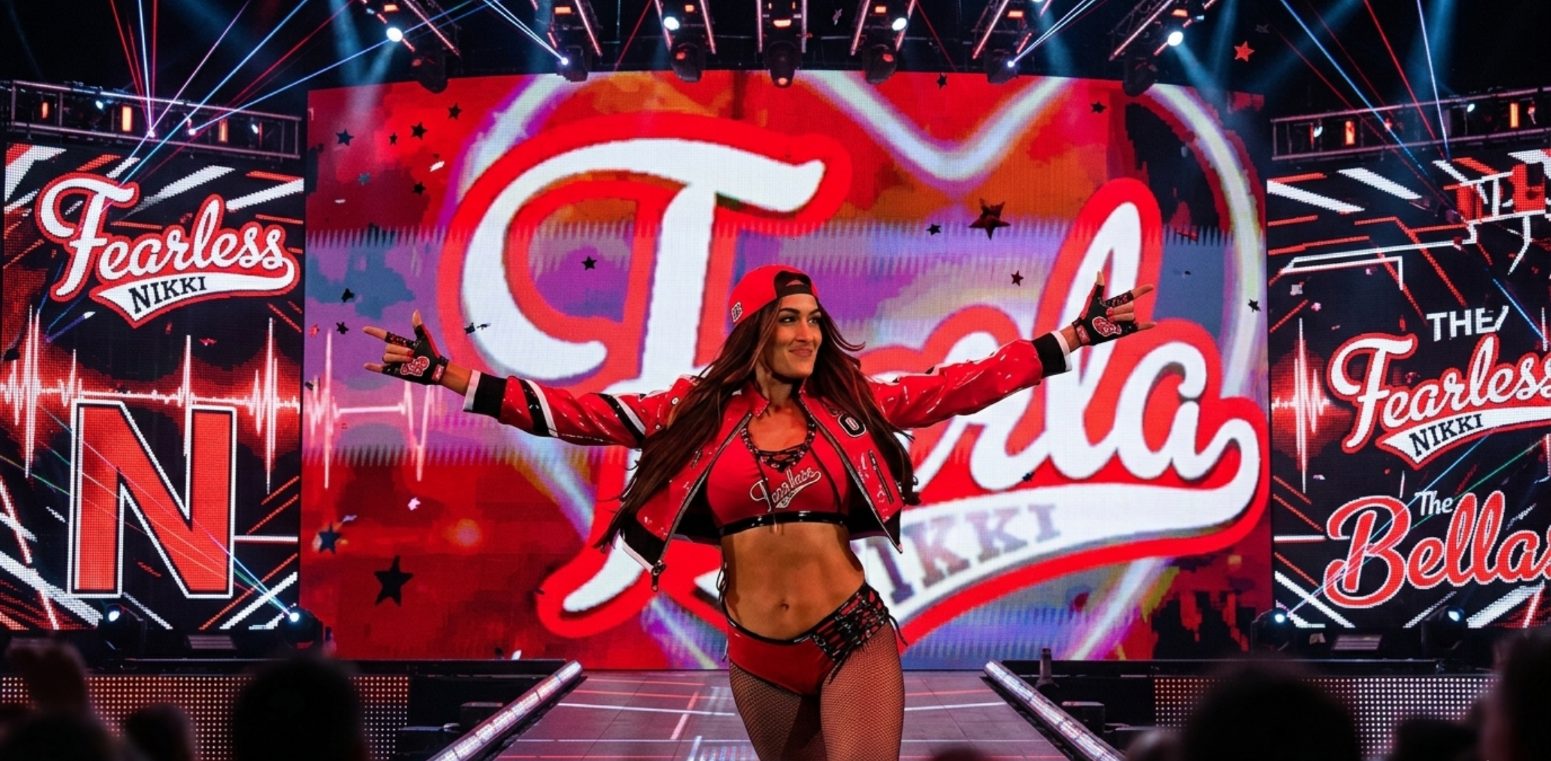 Nikki Bella Monday Night RAW 2025 cherry red cropped leather jacket with racing stripe sleeves