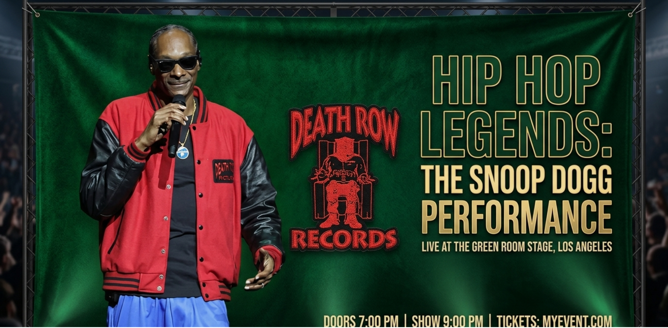 Snoop Dogg CinemaCon 2026 red varsity jacket with Death Row graphic and striped sleeves