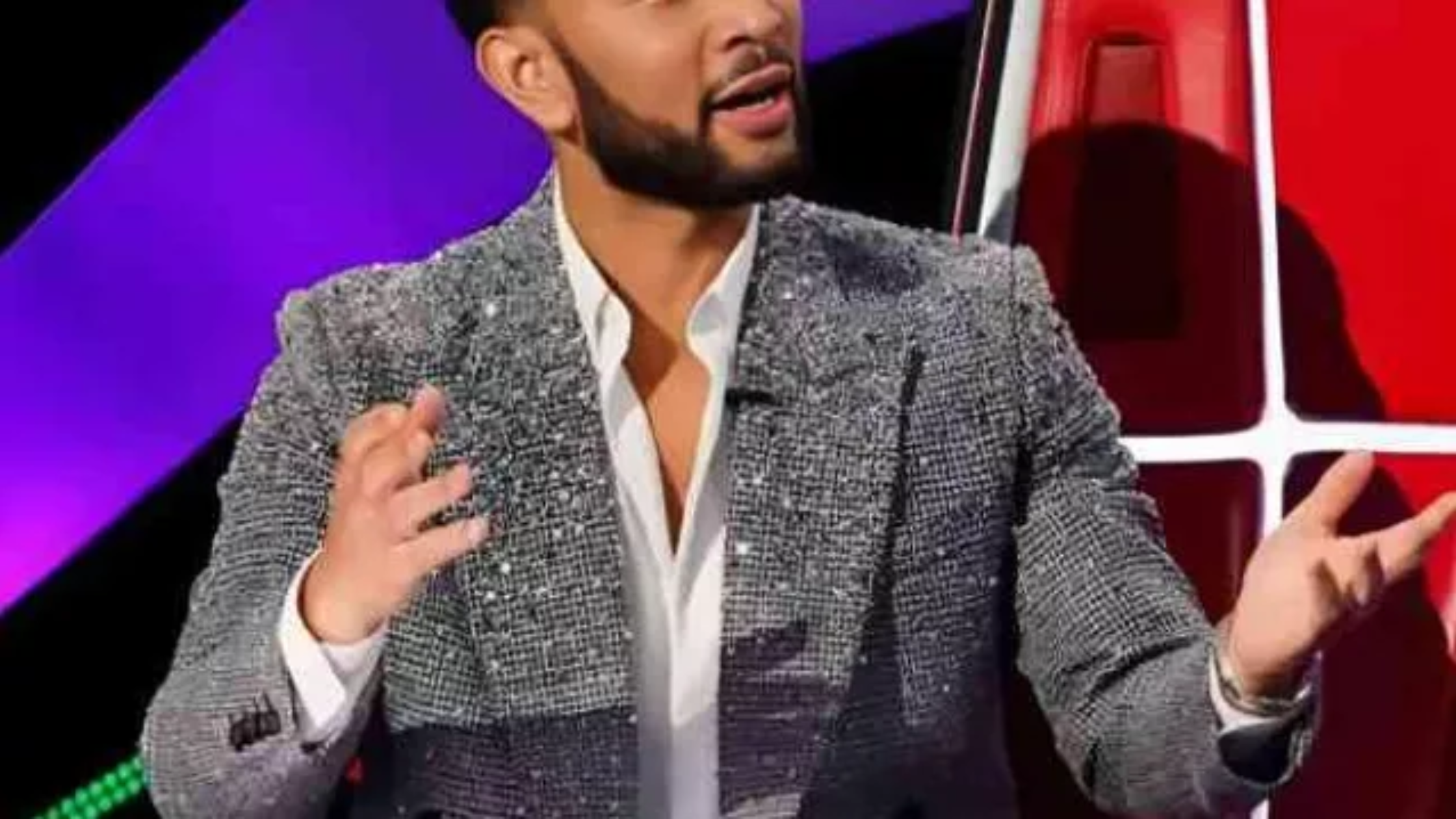 The Voice S29 Finale John Legend grey sequin double-breasted blazer with peak lapels and subtle metallic shimmer