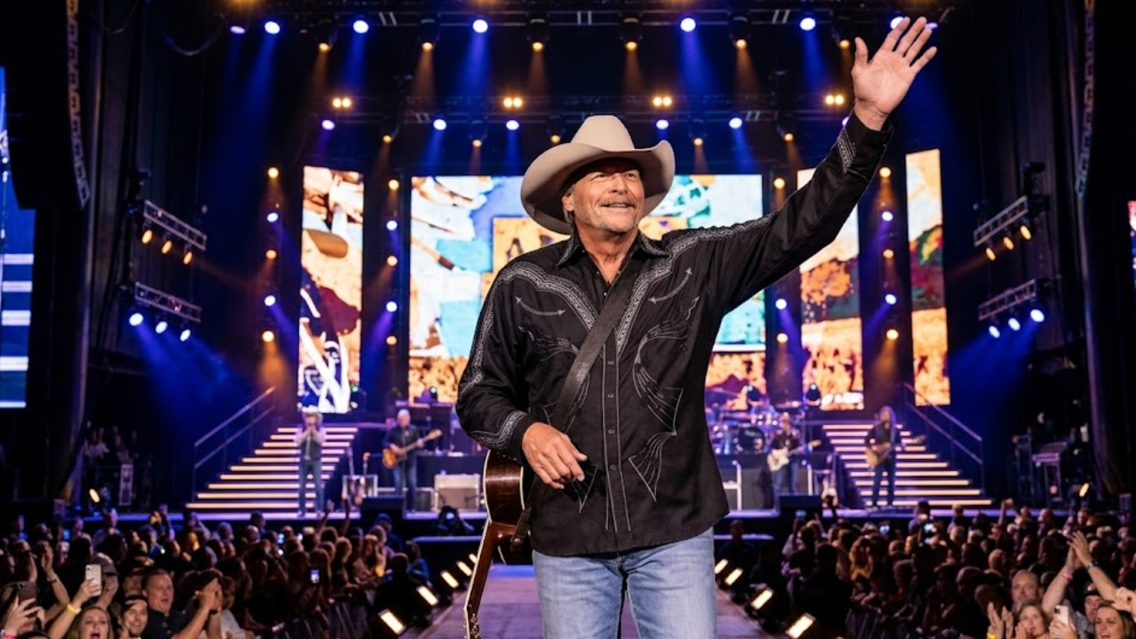 Alan Jackson 60th ACM Awards black embroidered Western shirt with silver-grey star and musical motif detailing
