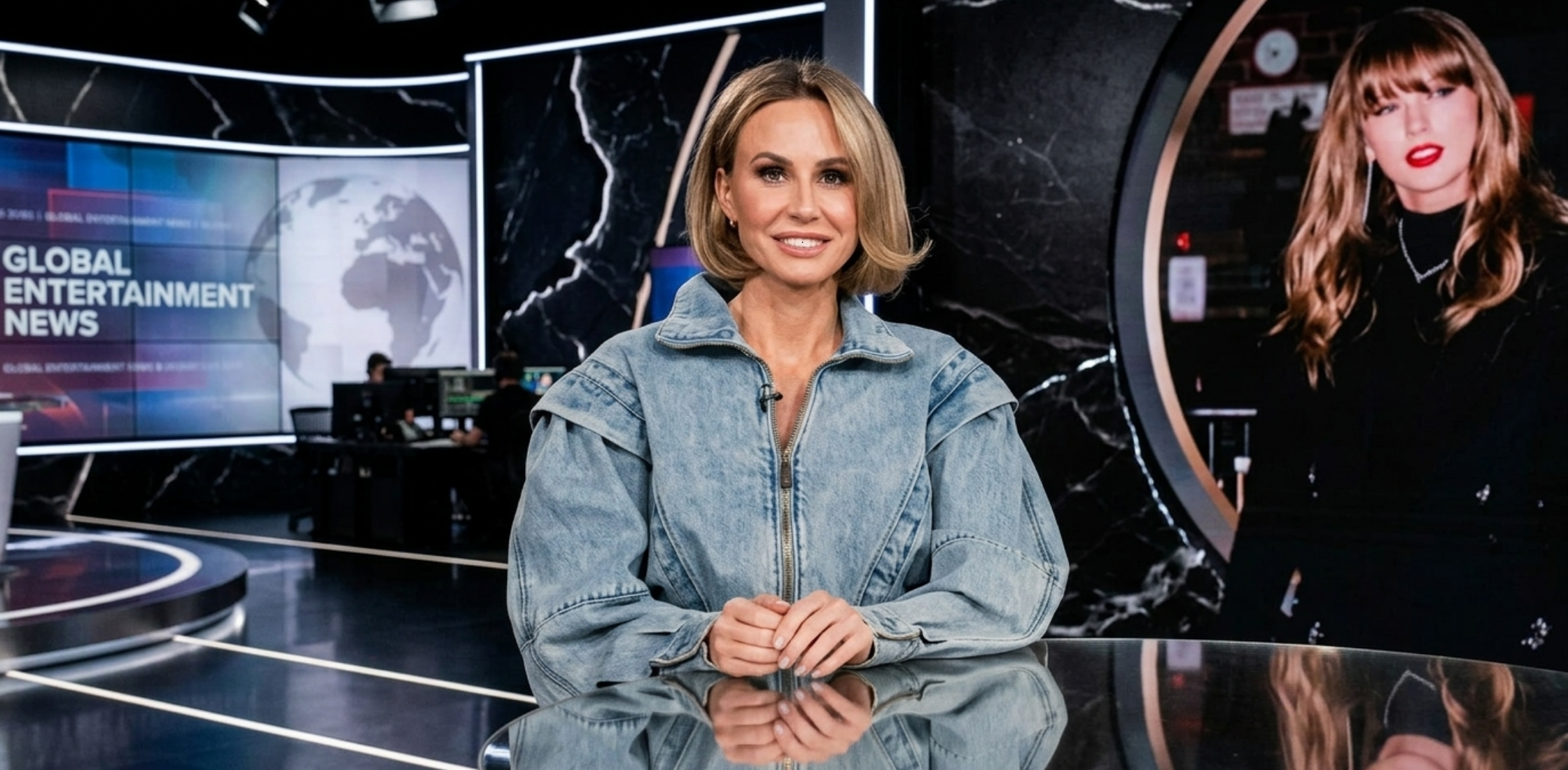 Keltie Knight wearing a light wash sculpted denim jacket with high-rise straight jeans during E! News episode.