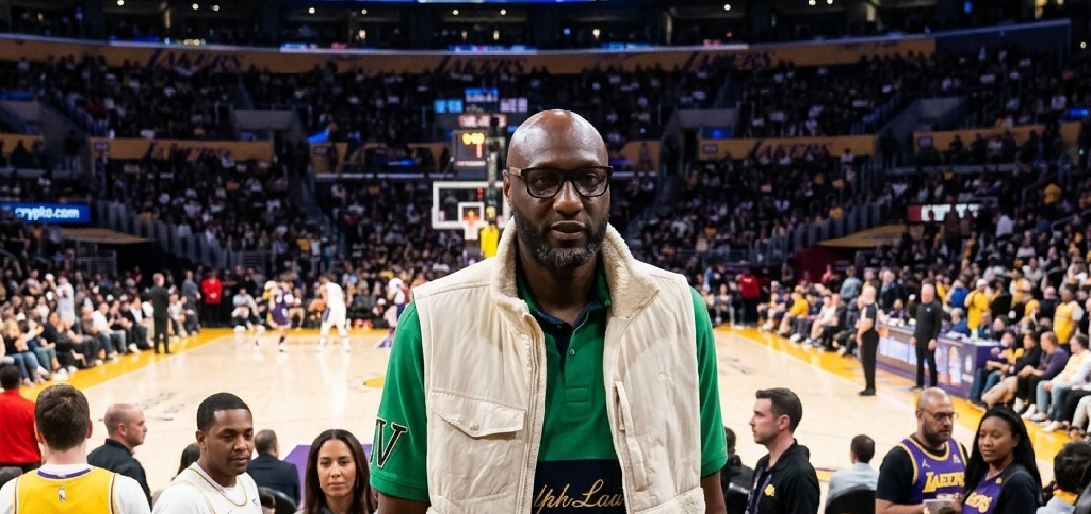 Lamar Odom Lakers Rockets playoff sherpa vest cream funnel neck faux shearling courtside streetwear