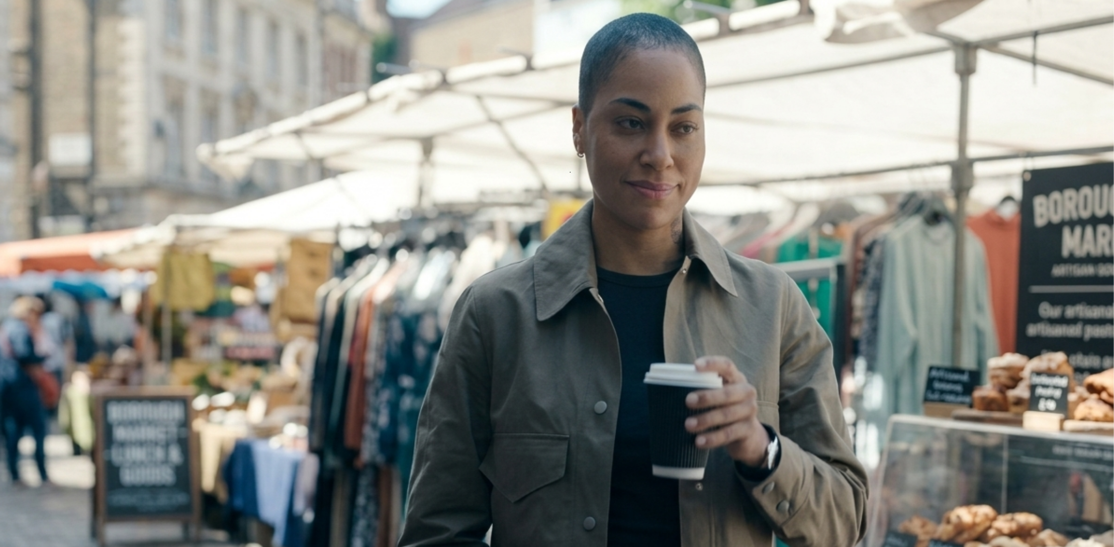 DS June Lenker Criminal Record S01 beige cotton drill jacket with snap closure, chest pockets, and minimalist detective style design.