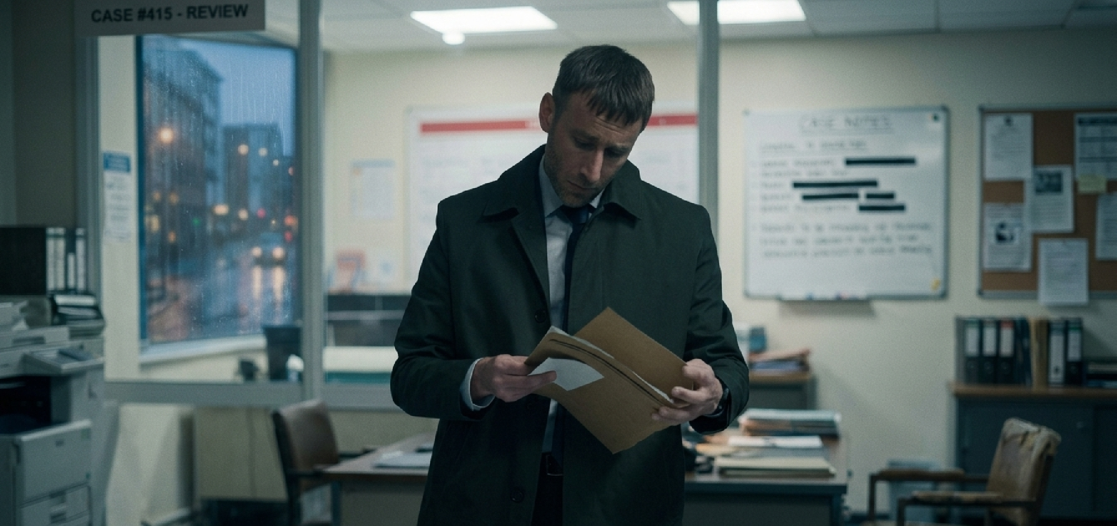 DCI Roy Chambers Criminal Record dark forest green mid-length single-breasted coat with tailored fit and hidden closure