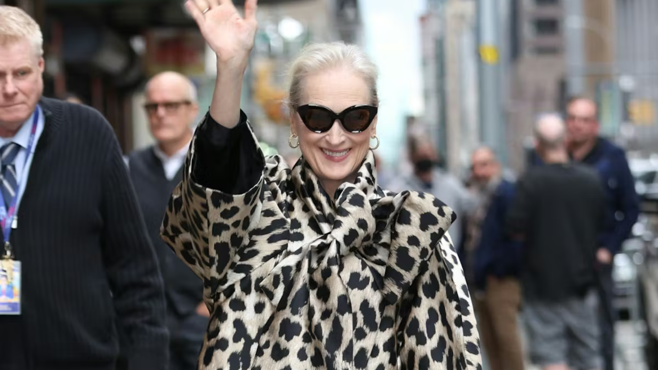 Meryl Streep oversized champagne leopard print coat with exaggerated bow detail and lantern sleeves from The Late Show with Stephen Colbert