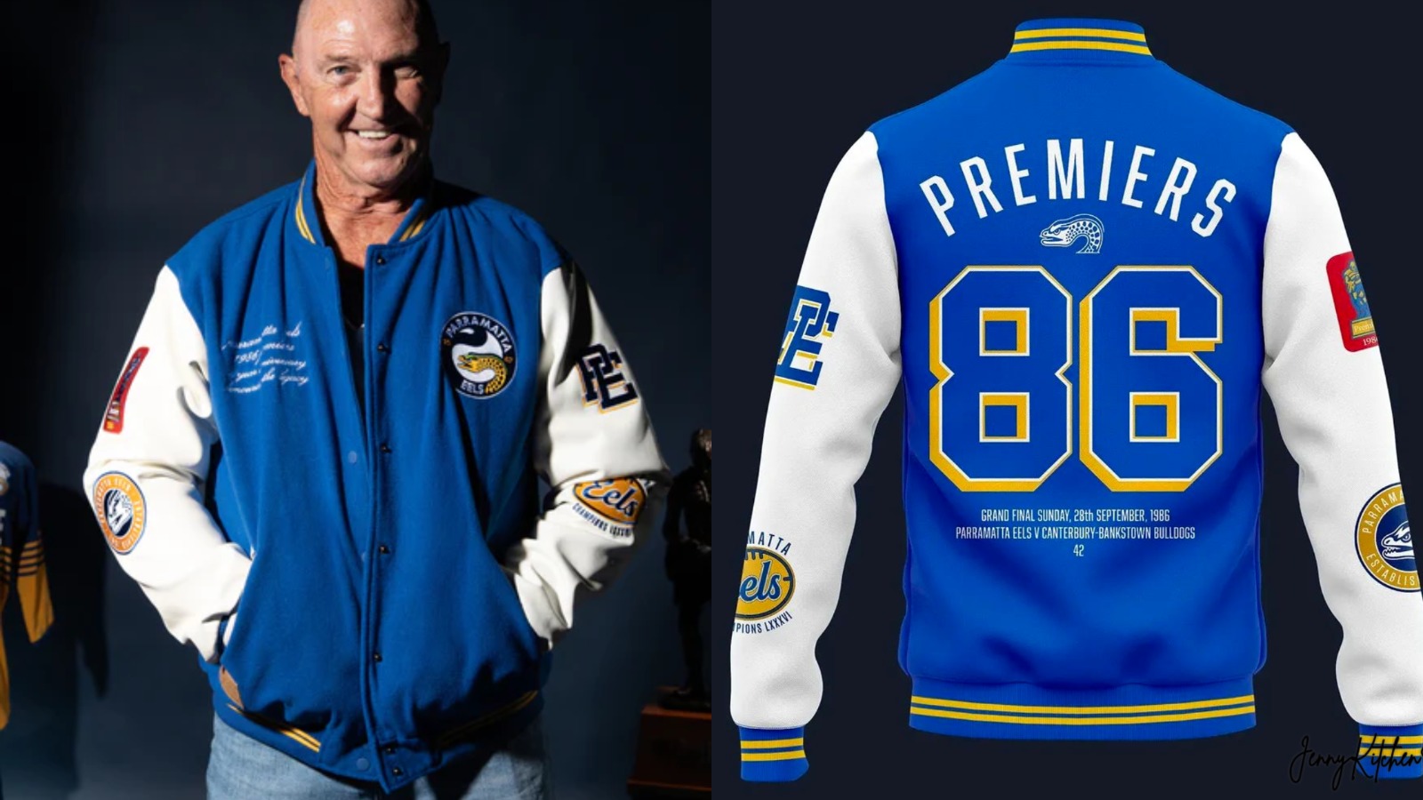 Parramatta Eels 1986 Premiers varsity jacket with royal blue wool body, cream leather sleeves, and embroidered championship detailing