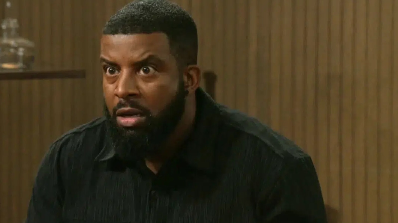 Beyond the Gates Randy Parker’s black overdyed jacquard shirt with abstract grid texture and tonal grey detailing