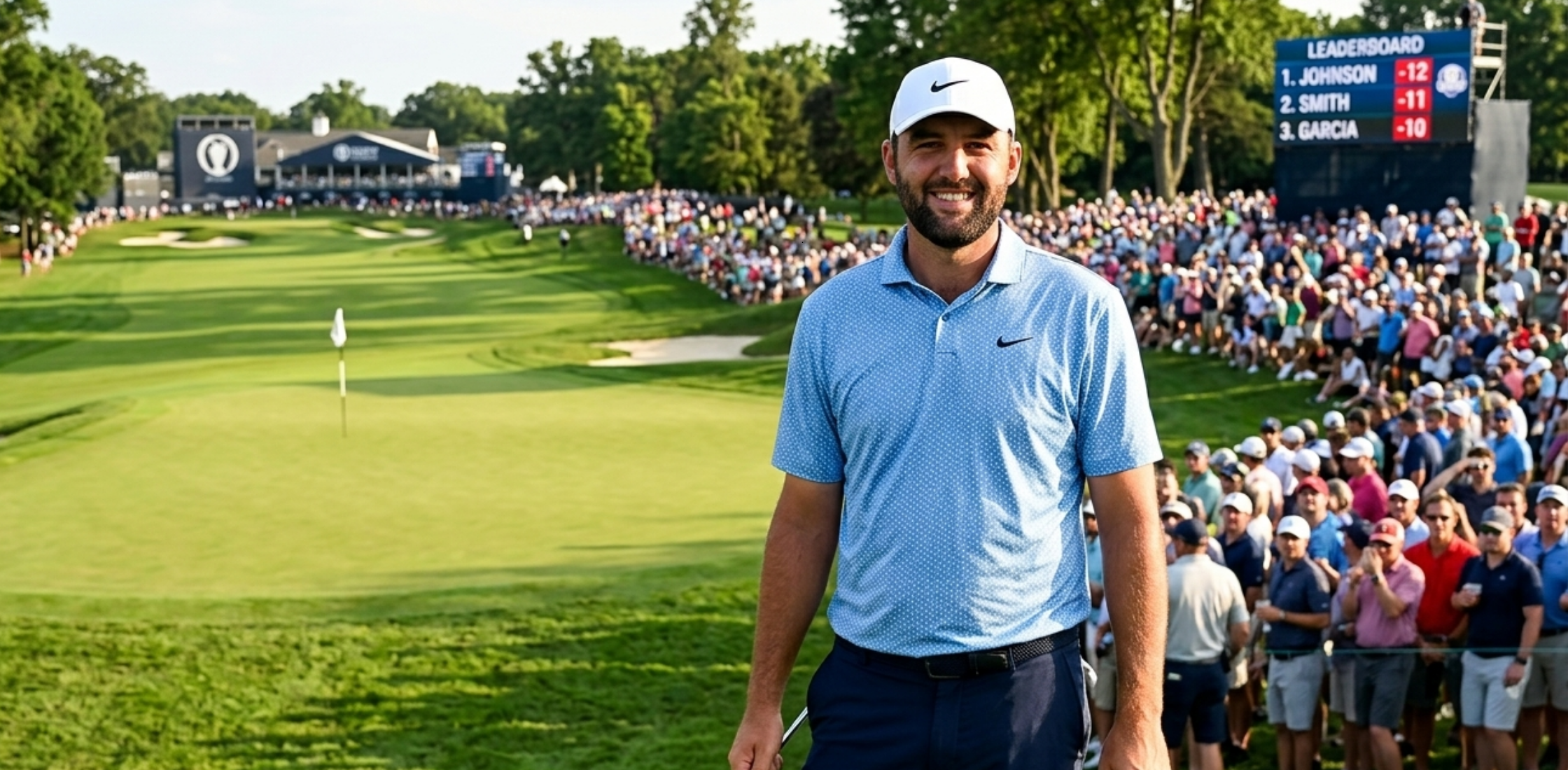 Scottie Scheffler RBC Heritage 2026 Blue Performance Polo Shirt with micro geometric white pin-dot pattern and athletic fit design
