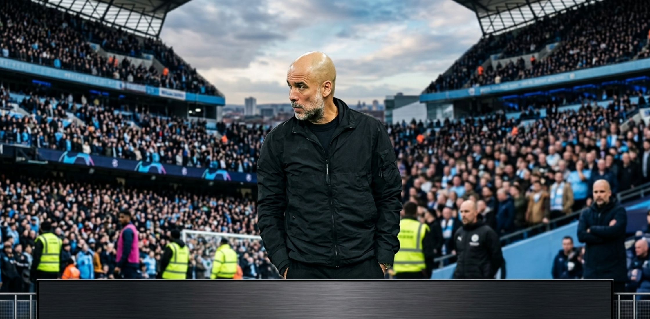 Pep Guardiola UEFA Champions League 2025/26 Black Two-Way Zip Utility Bomber Jacket with tactical sleeve pocket, minimalist streetwear design, and sporty athletic fit inspired by Manchester City style.