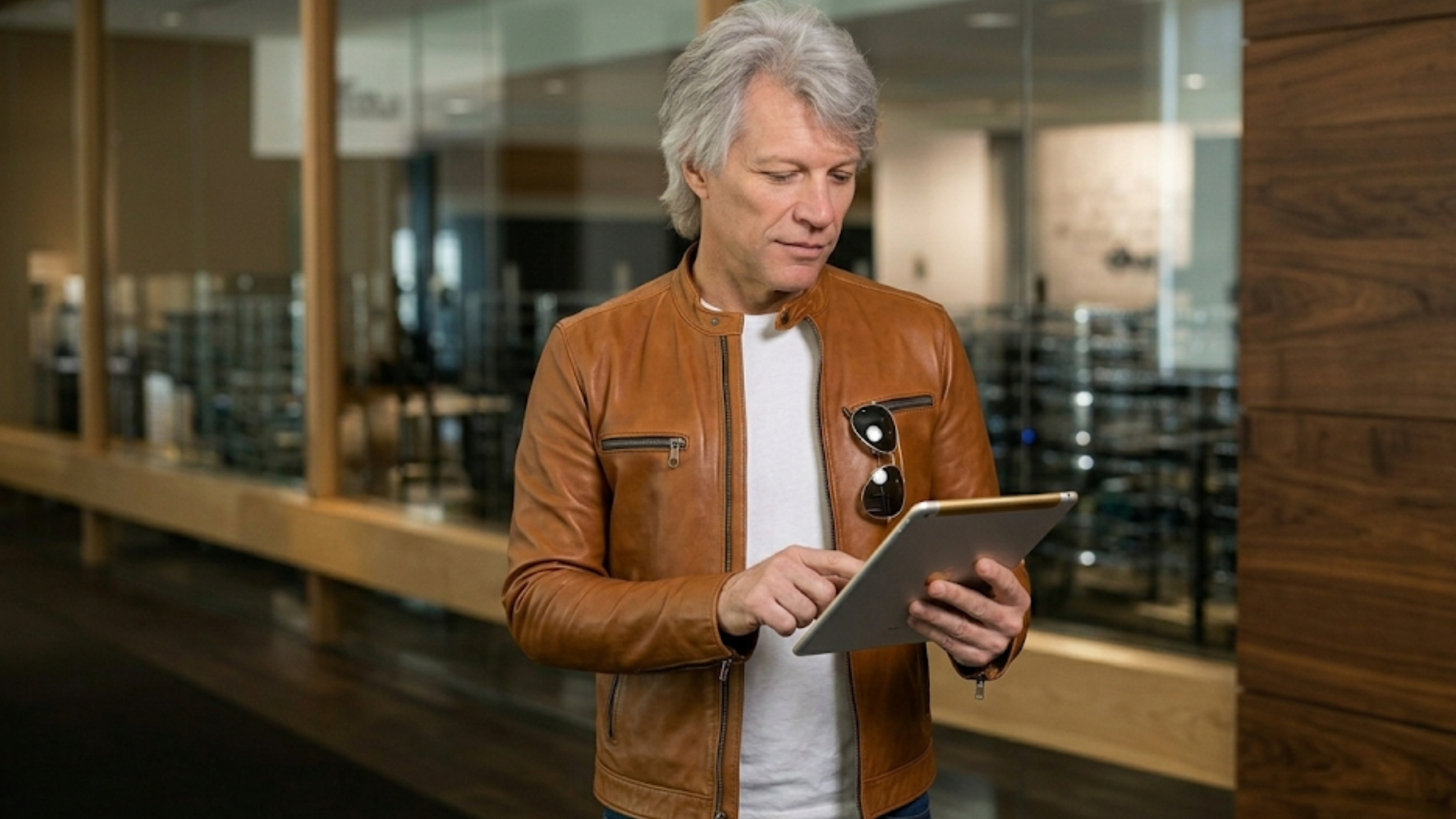 The Today Show 2025 Jon Bon Jovi distressed brown café racer leather zip jacket with stand collar and zip cuffs