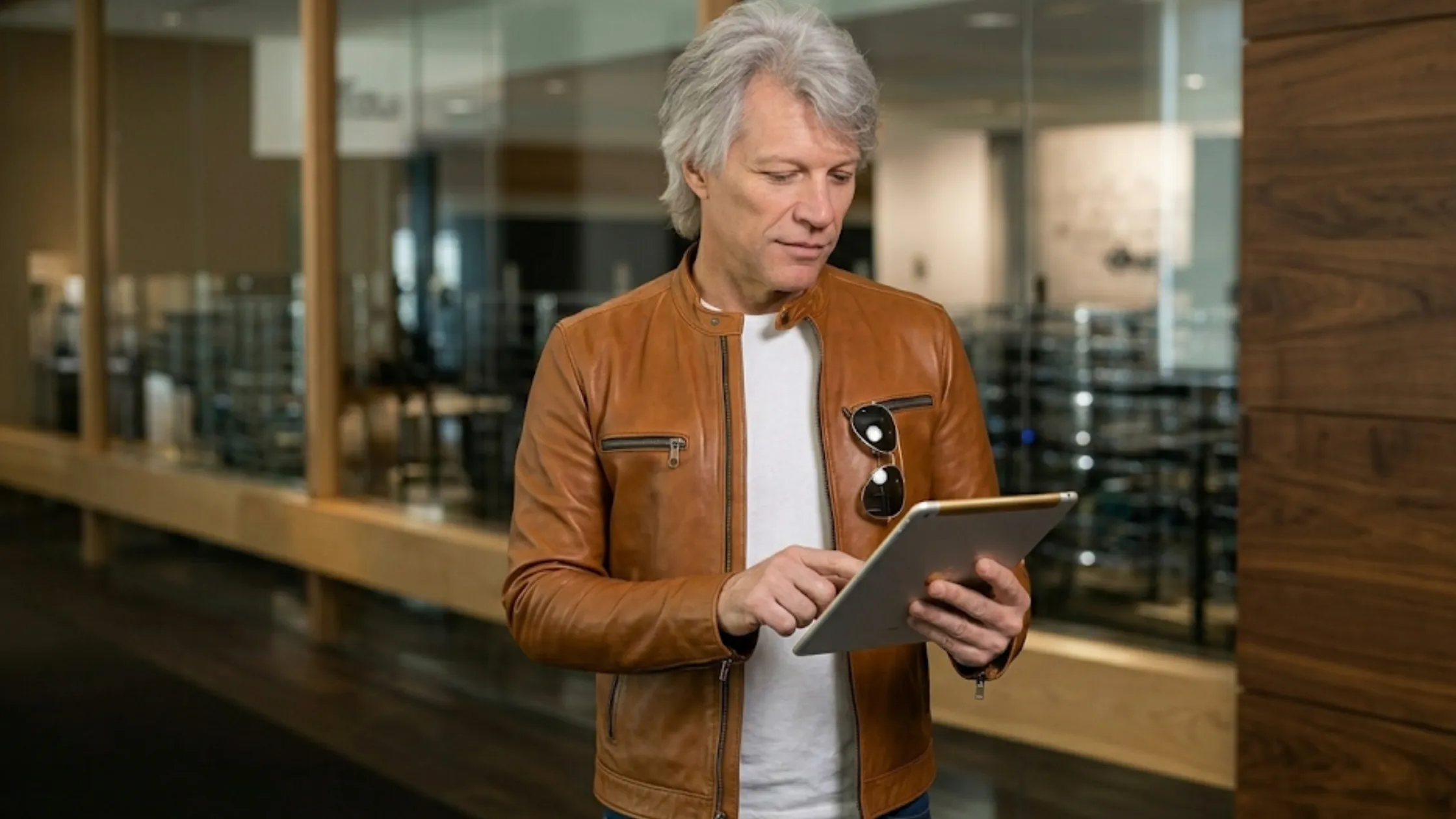 The Today Show 2025 Jon Bon Jovi distressed brown café racer leather zip jacket with stand collar and zip cuffs