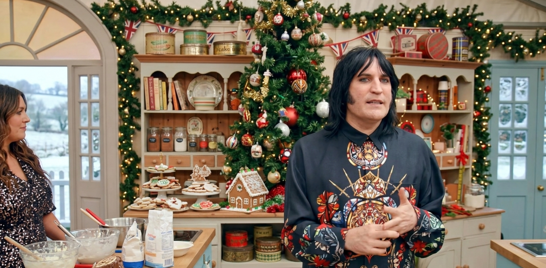 Noel Fielding GBBO Season 9 oversized black shirt with Gothic stained glass lion and Sacred Heart multicolor artistic design