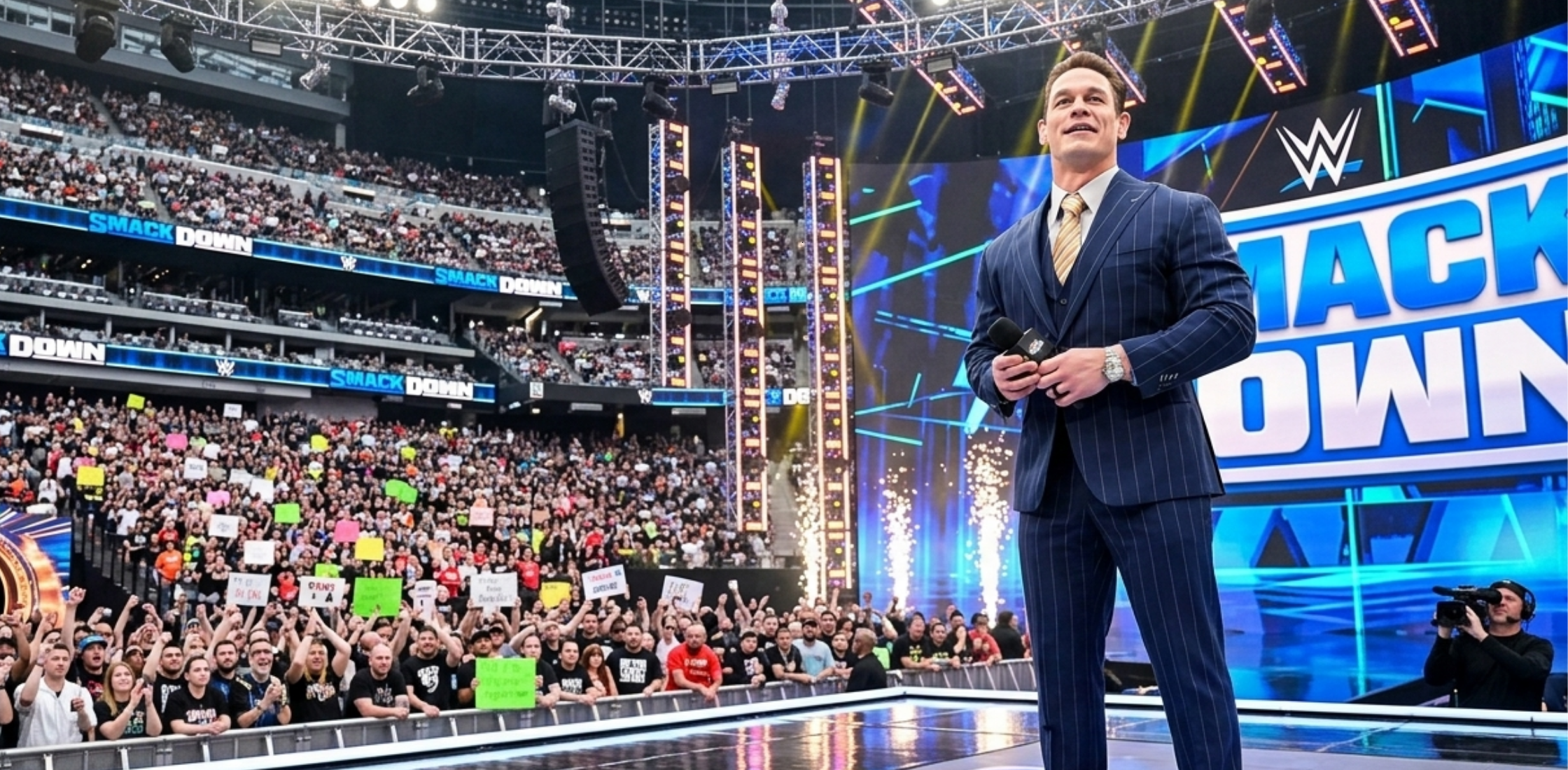 John Cena WrestleMania 42 navy blue pinstripe three-piece blazer with waistcoat and gold striped tie elegant formal style outfit in Las Vegas 2026