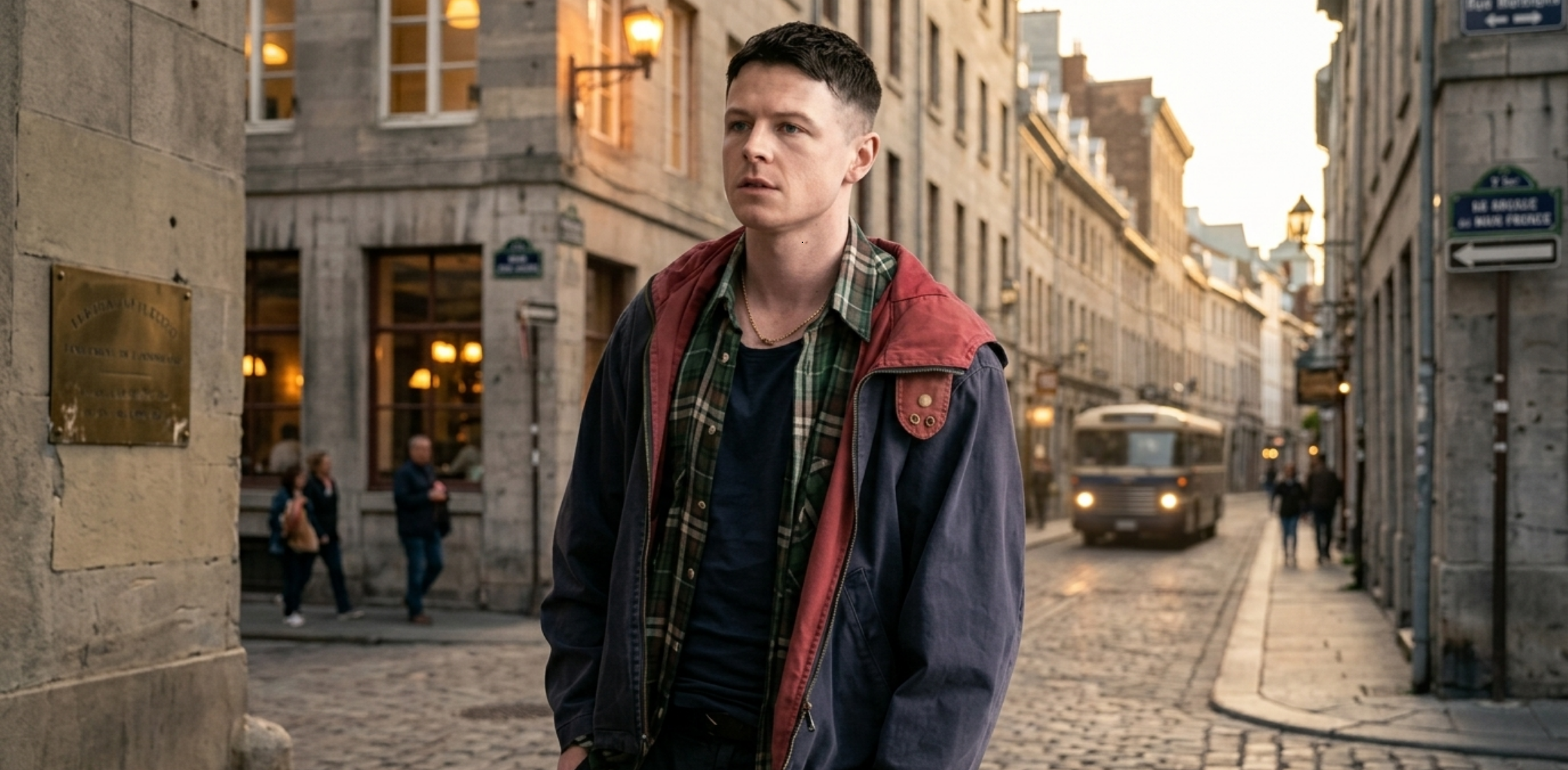 Half Man 2026 Stuart Campbell Hooded Jacket in rust red and navy two-tone cotton canvas with distressed vintage workwear styling and relaxed fit silhouette.