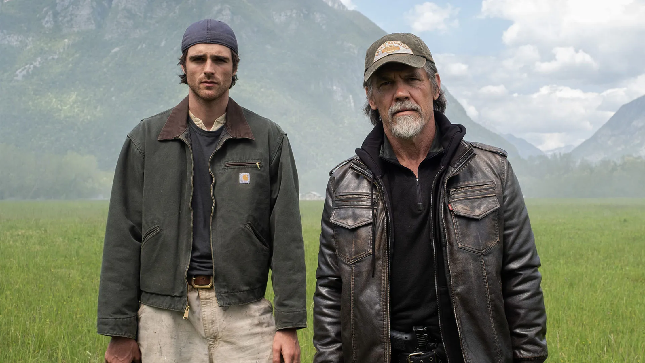 Josh Brolin dark brown distressed bomber leather jacket with hood and utility chest pockets cinematic rugged style