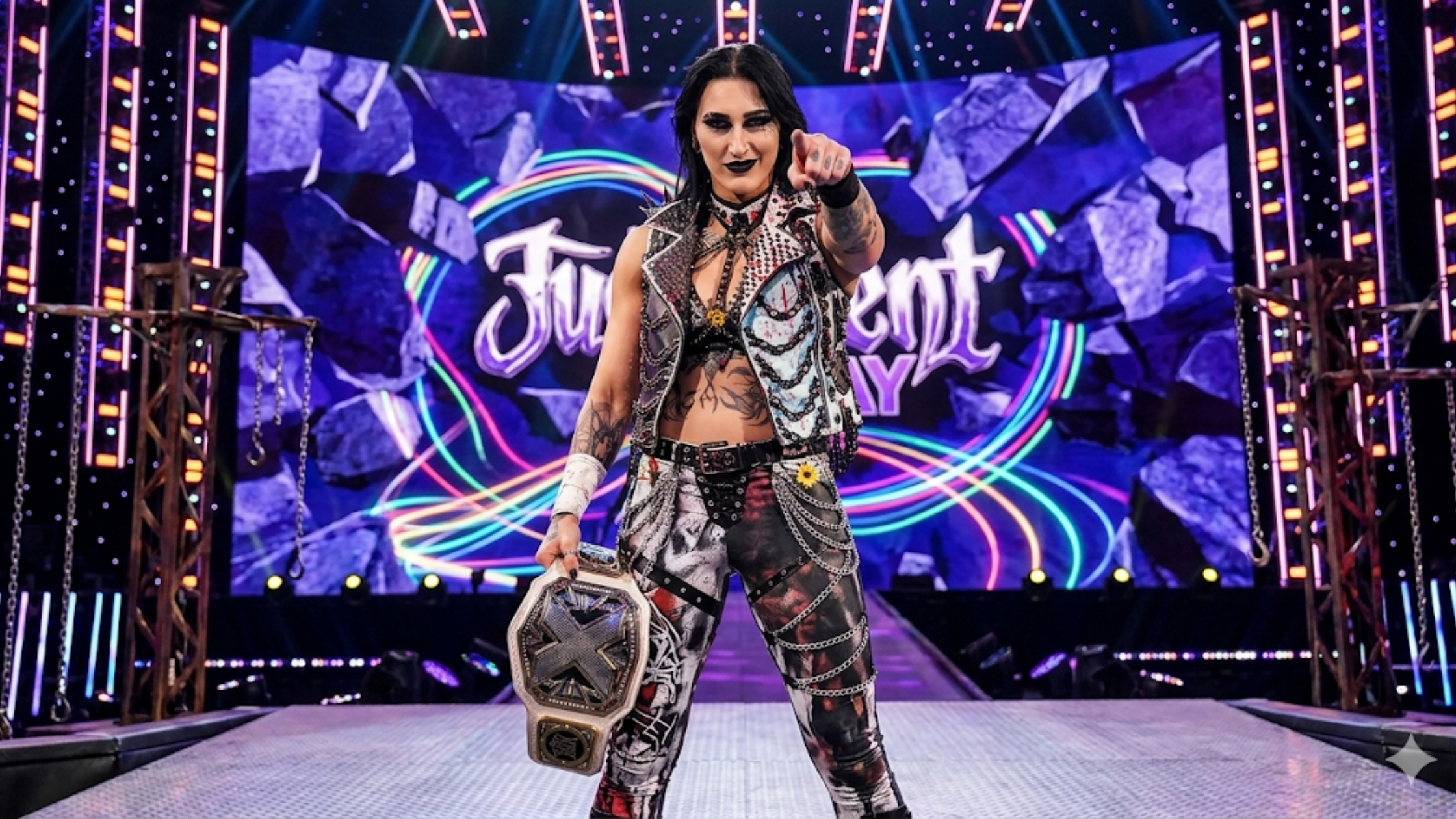 Rhea Ripley Monday Night RAW 2026 distressed white spiked chain biker leather vest with black panels and metal spike detailing