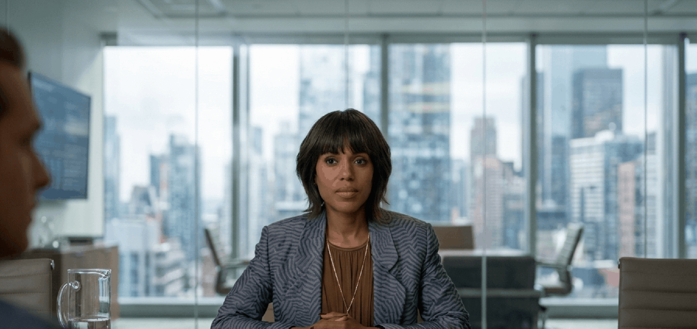 Imperfect Women Eleanor grey animalier jacquard blazer with structured 1980s shoulders worn by Kerry Washington