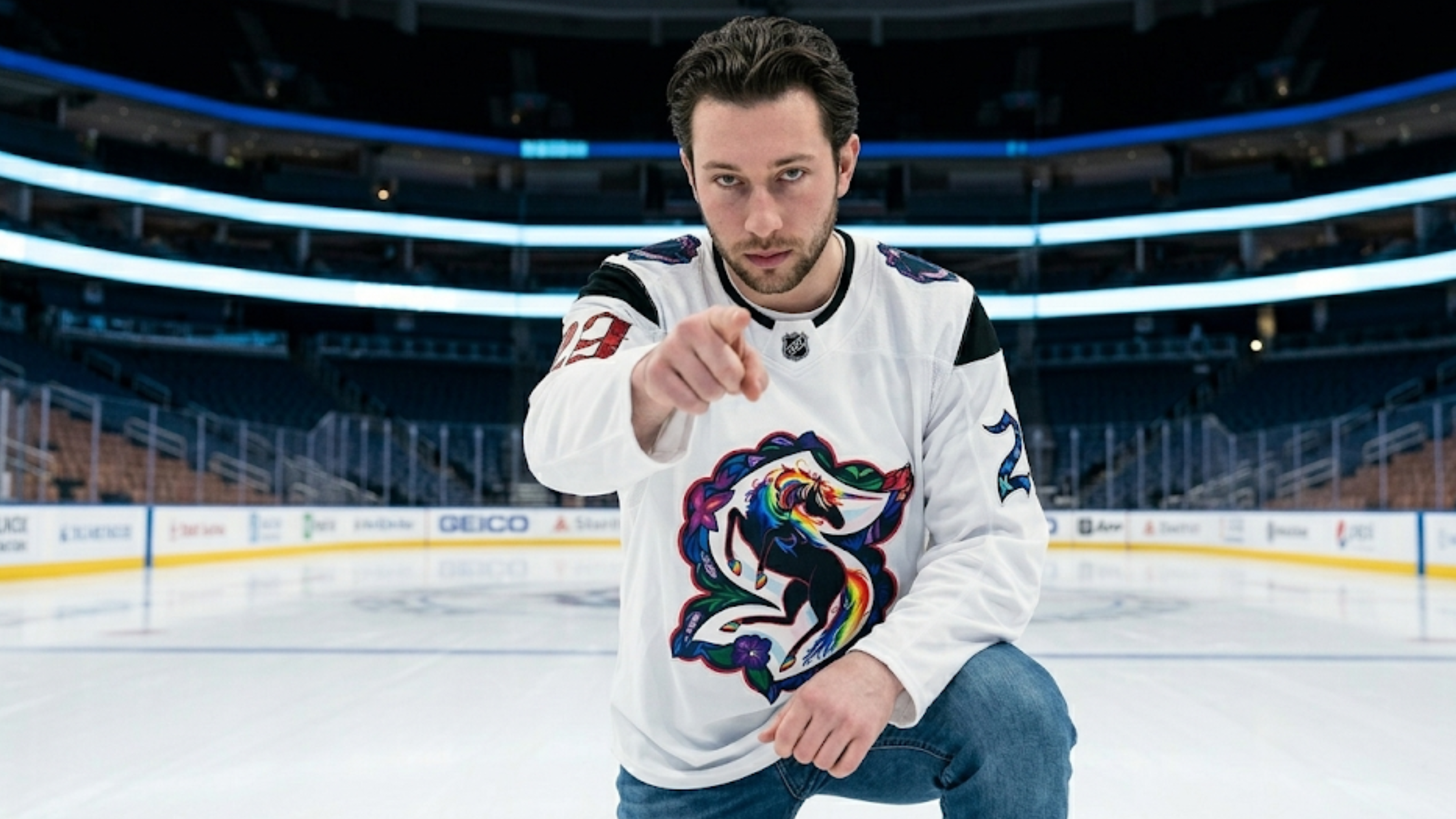 Vince Dunn Minnesota Wild vs Seattle Kraken white hockey jersey with rainbow unicorn crest and NHL holographic shield
