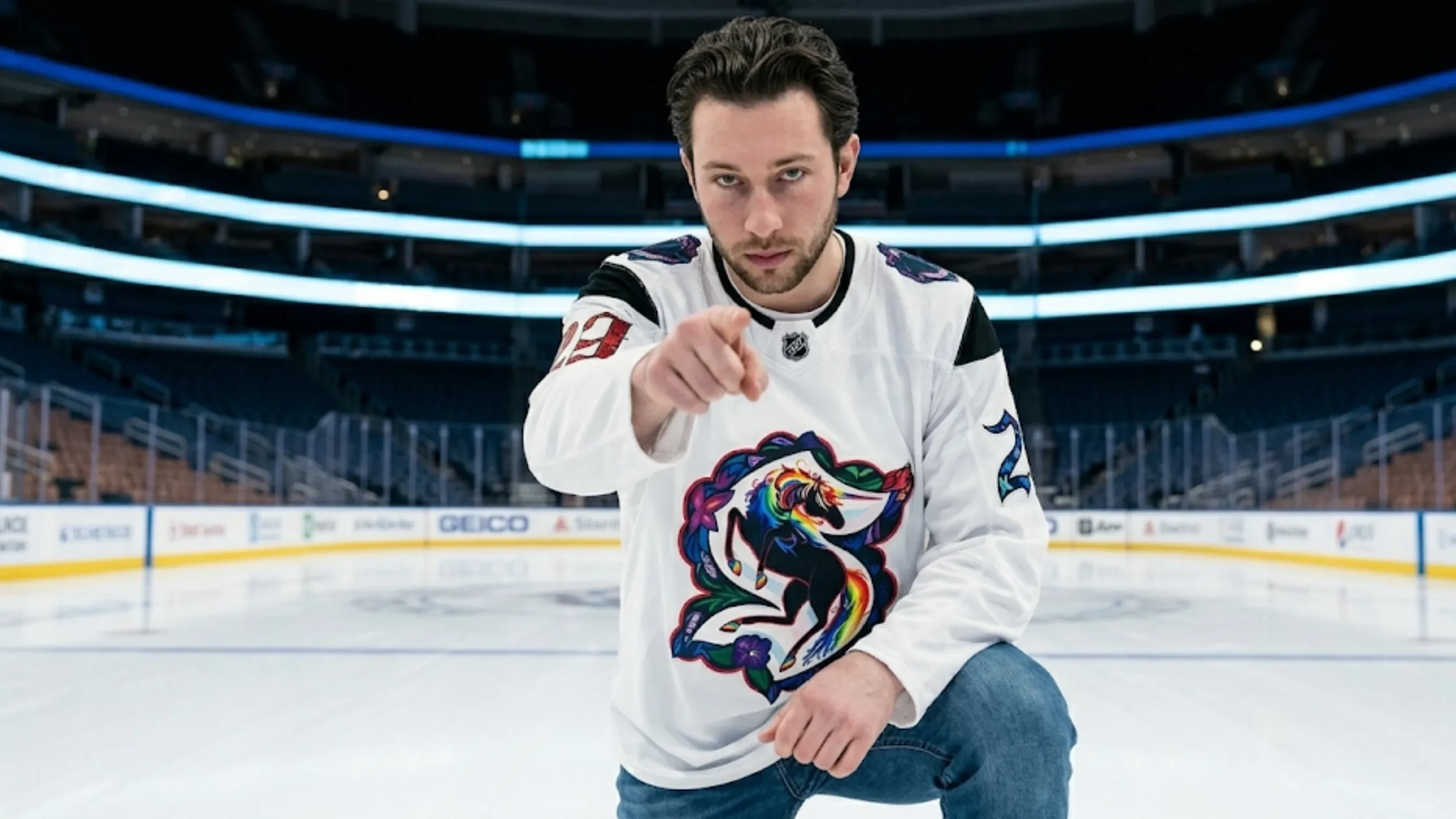 Vince Dunn Minnesota Wild vs Seattle Kraken white hockey jersey with rainbow unicorn crest and NHL holographic shield