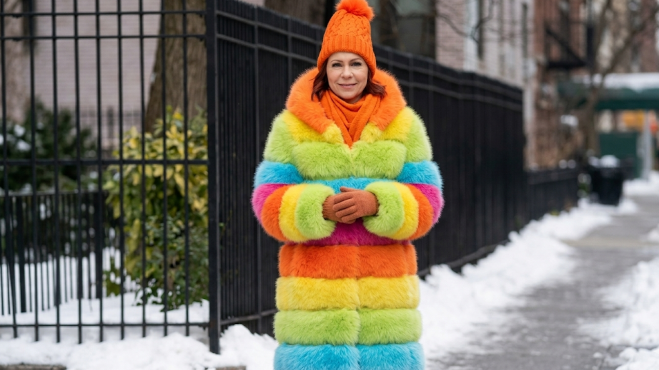 Carrie Preston Elsbeth S03 multicolor shaggy faux fur knee-length coat with rainbow gradient stripes and oversized hood