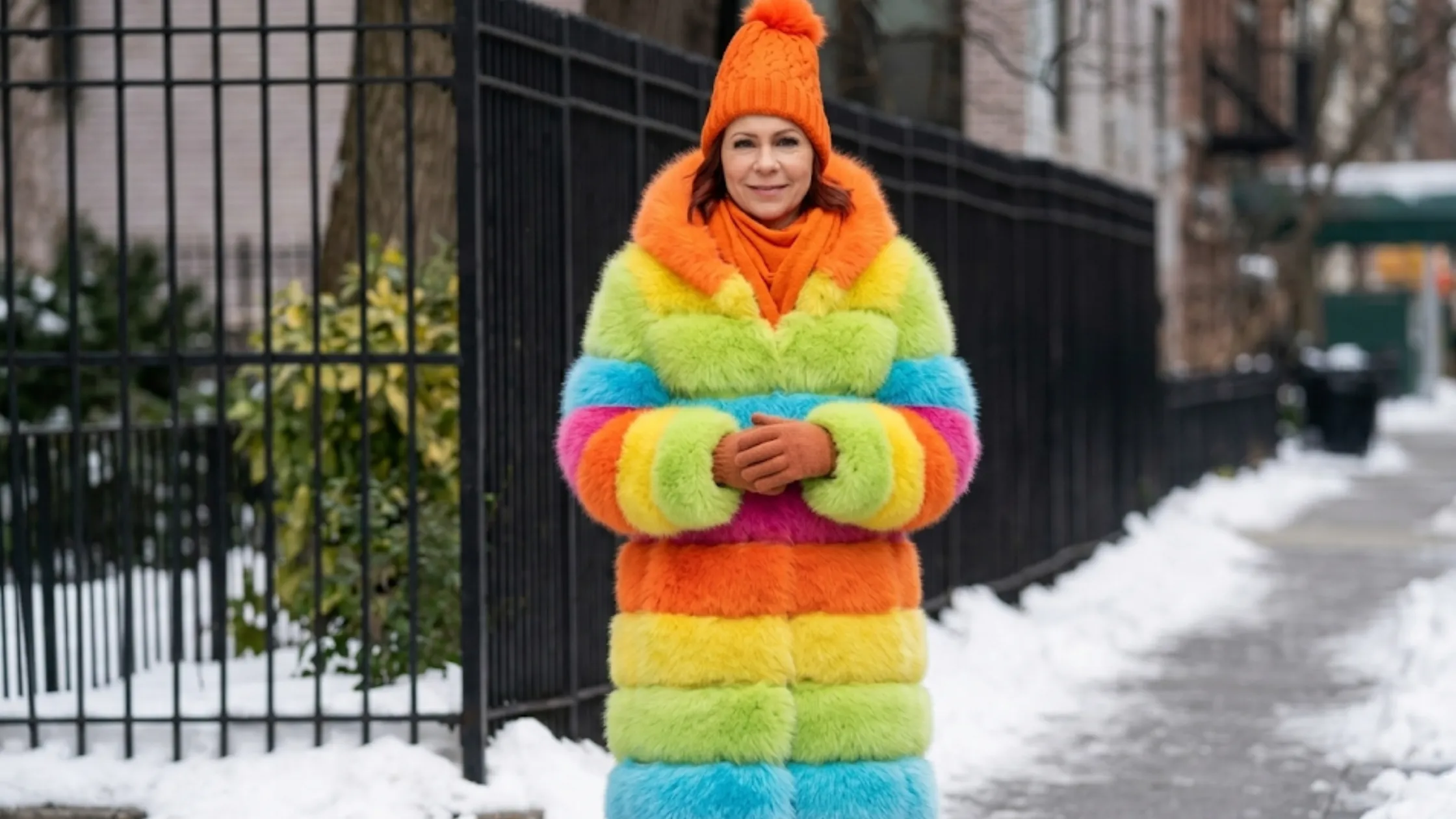 Carrie Preston Elsbeth S03 multicolor shaggy faux fur knee-length coat with rainbow gradient stripes and oversized hood