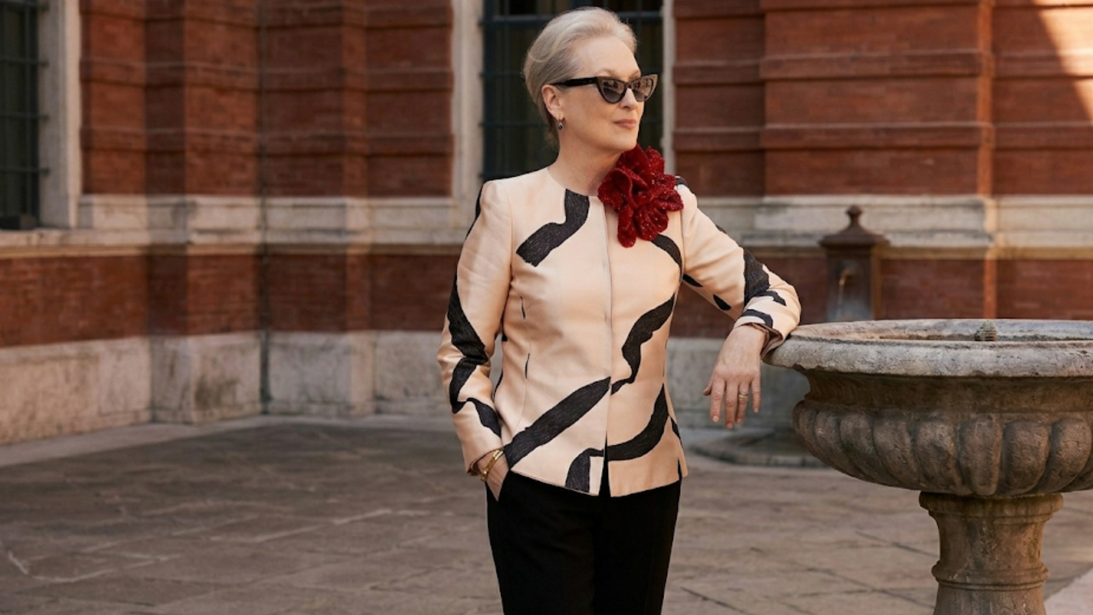 Meryl Streep The Devil Wears Prada 2 black abstract brushstroke print collarless slim-fit blazer at photocall event