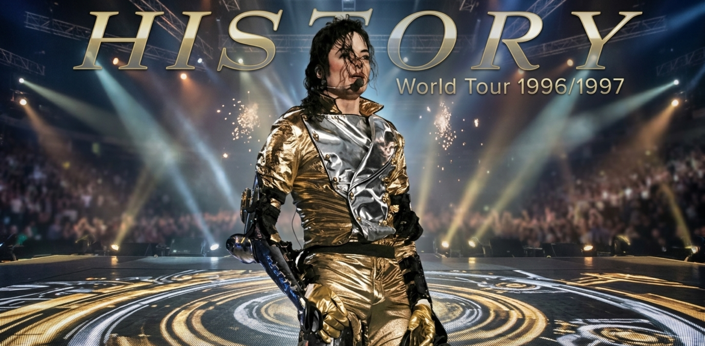Michael Jackson HIStory World Tour golden metallic stage jacket with silver detailing, double-breasted design, military-inspired epaulettes, and iconic live performance costume worn during the 1996–1997 global tour.